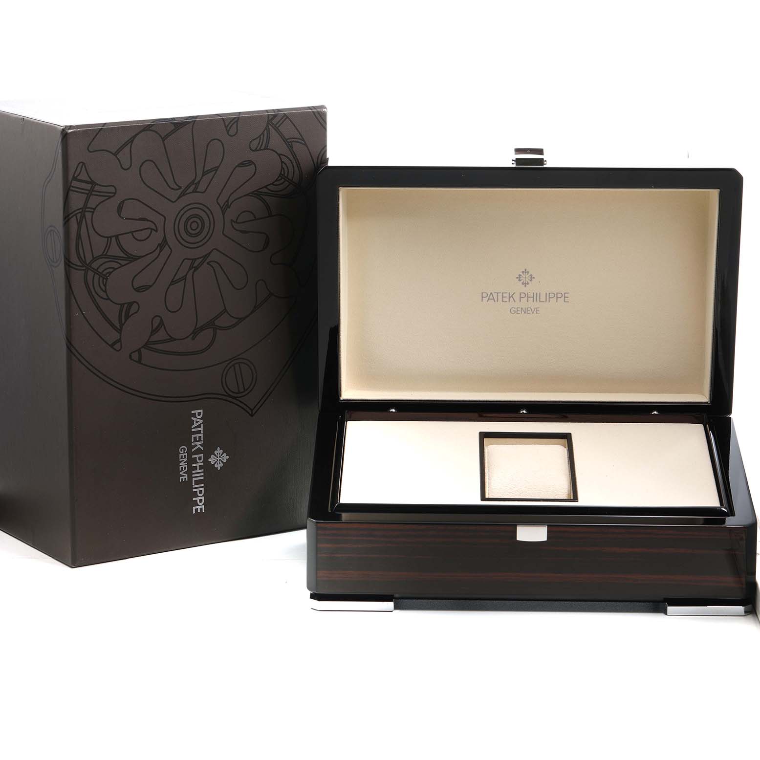 The image shows the packaging and presentation box for the Patek Philippe Complications 7140G-001 Women's White Gold Silver Dial model, with the box open and ready for display.