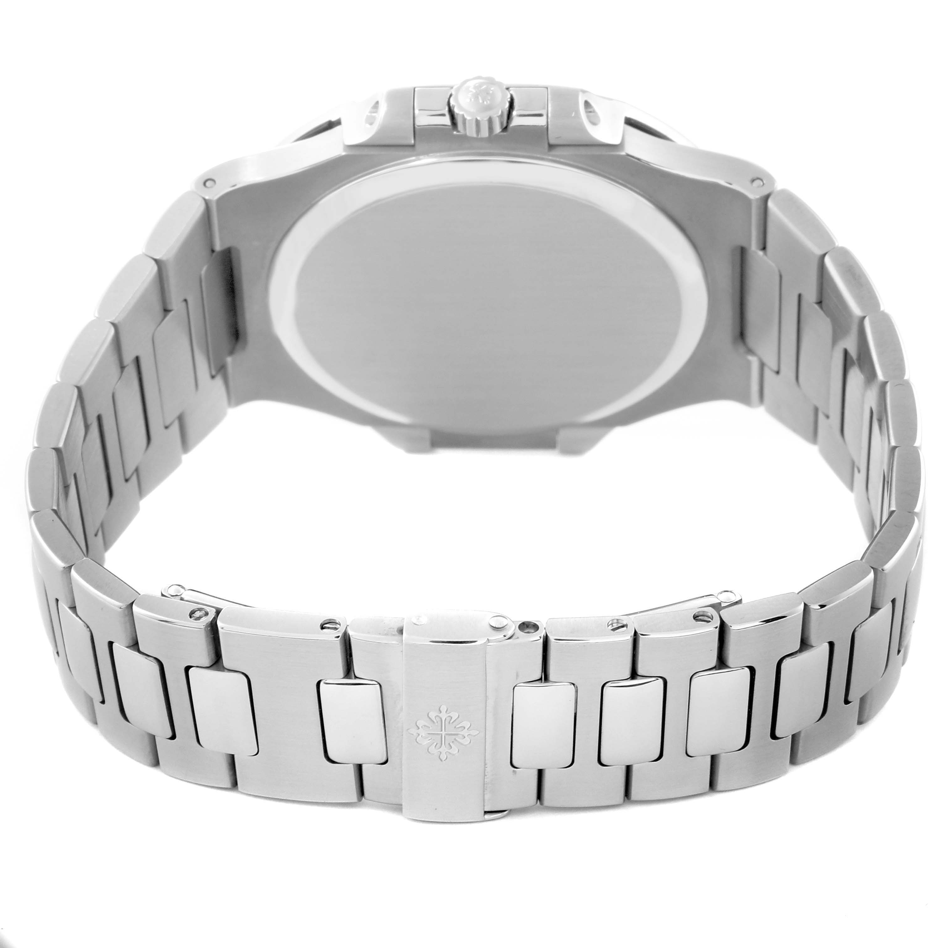 The image shows a rear view of the Patek Philippe Nautilus 3710/1A-001 Men's Stainless Steel Black Dial 3710/1A-001 Men's Stainless Steel Black Dial watch, highlighting the case back, crown, and stainless steel bracelet.