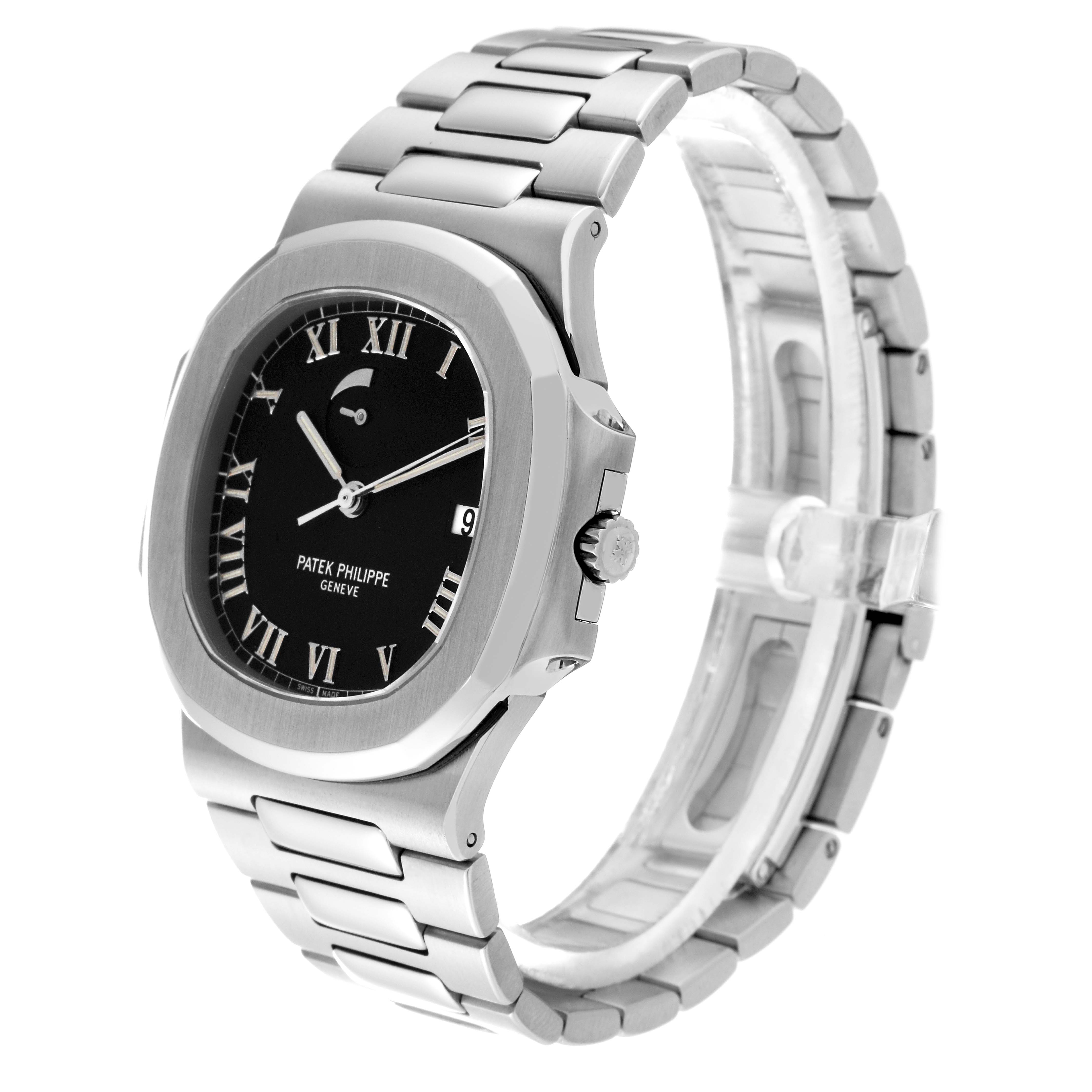 The image shows a Patek Philippe Nautilus 3710/1A-001 Men's Stainless Steel Black Dial 3710/1A-001 Men's Stainless Steel Black Dial watch at an angled side view, highlighting the face, bezel, bracelet, and crown.