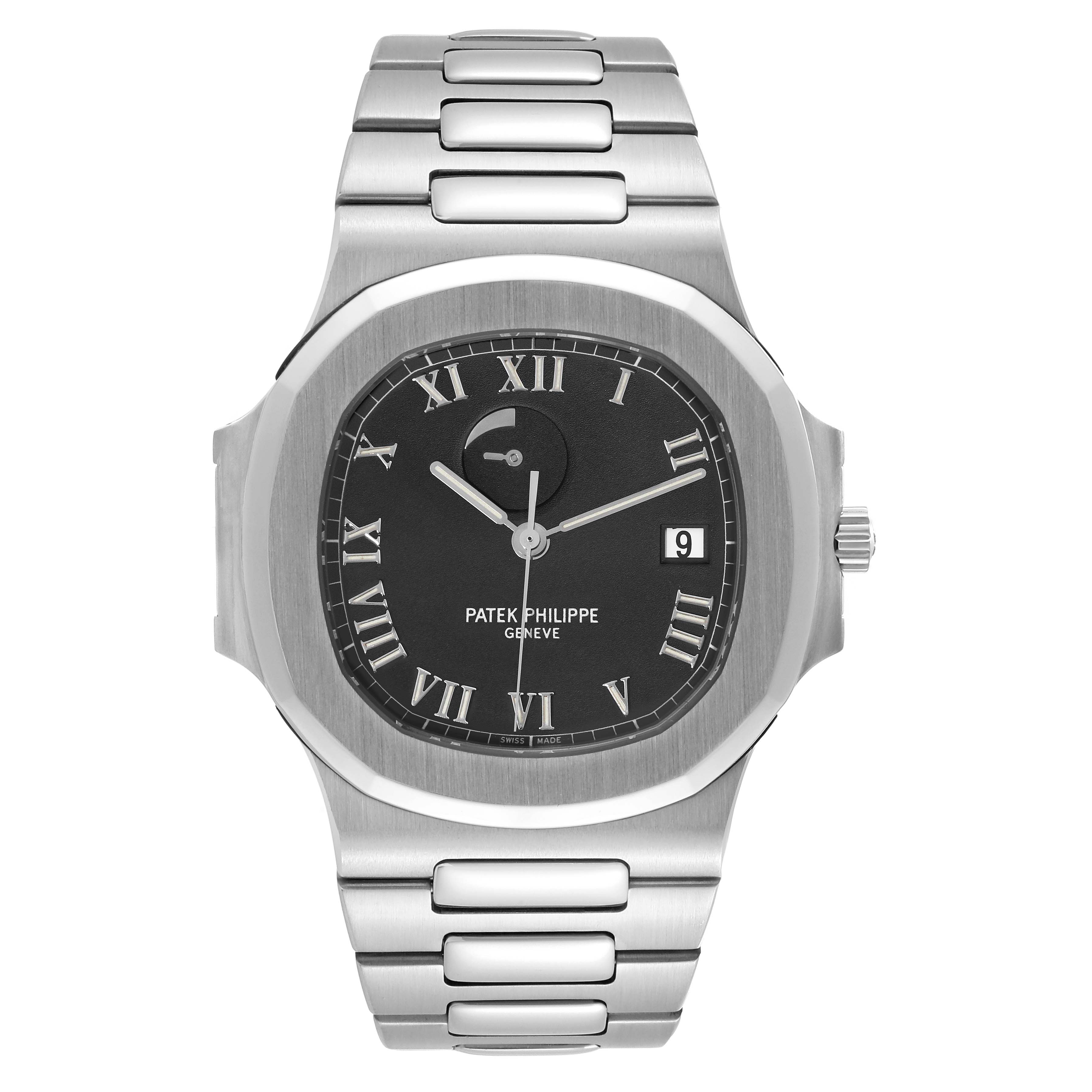 The image shows a front view of a Patek Philippe Nautilus 3710/1A-001 Men's Stainless Steel Black Dial 3710/1A-001 Men's Stainless Steel Black Dial watch, displaying its dial, bracelet, and crown.