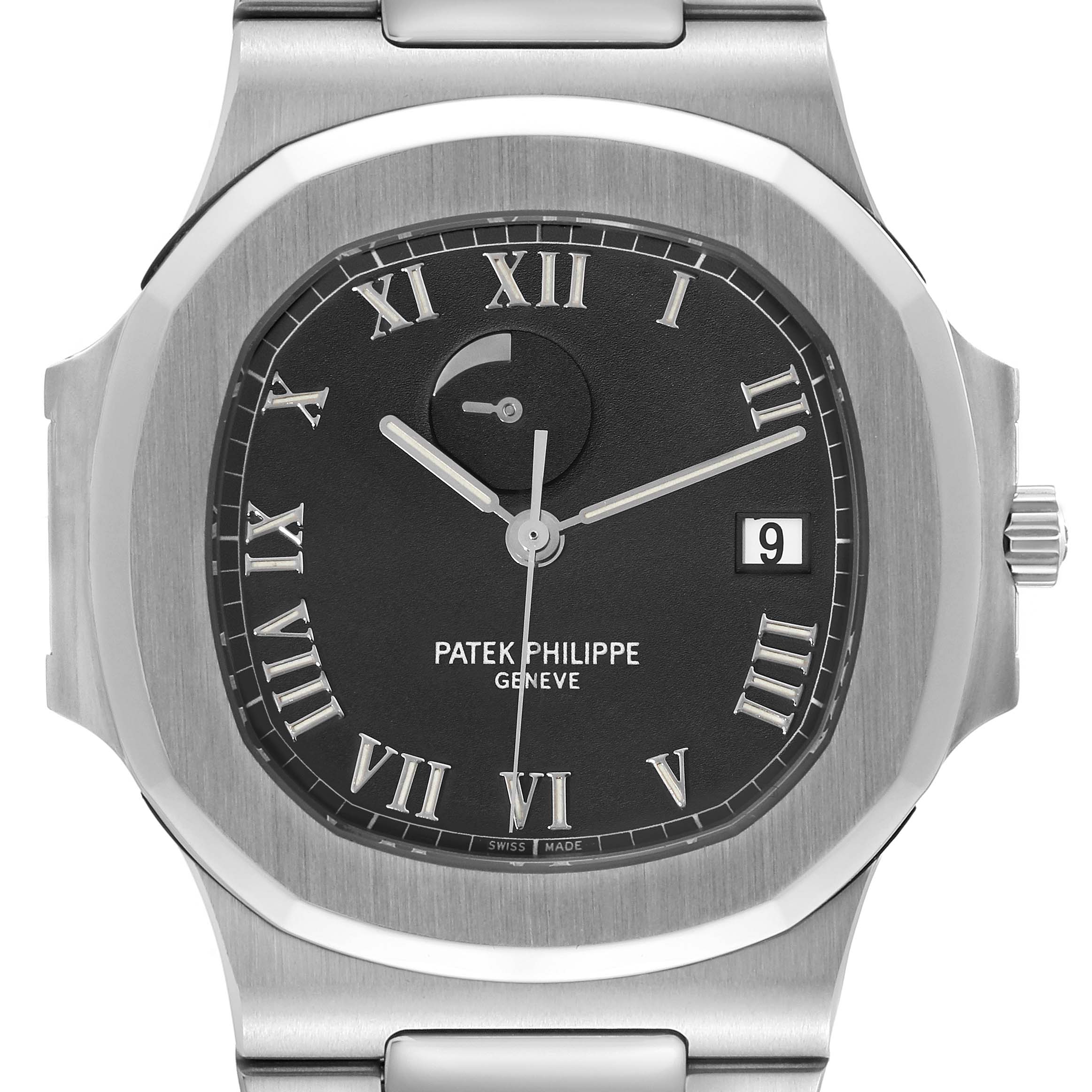 This image shows a close-up of the face of a Patek Philippe Nautilus 3710/1A-001 Men's Stainless Steel Black Dial 3710/1A-001 Men's Stainless Steel Black Dial watch, displaying its dial, hands, date window, and bezel.