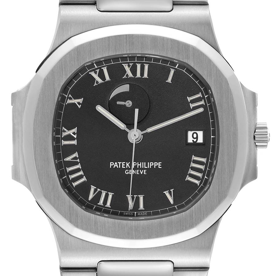 This image shows a close-up of the face of a Patek Philippe Nautilus watch, displaying its dial, hands, date window, and bezel.