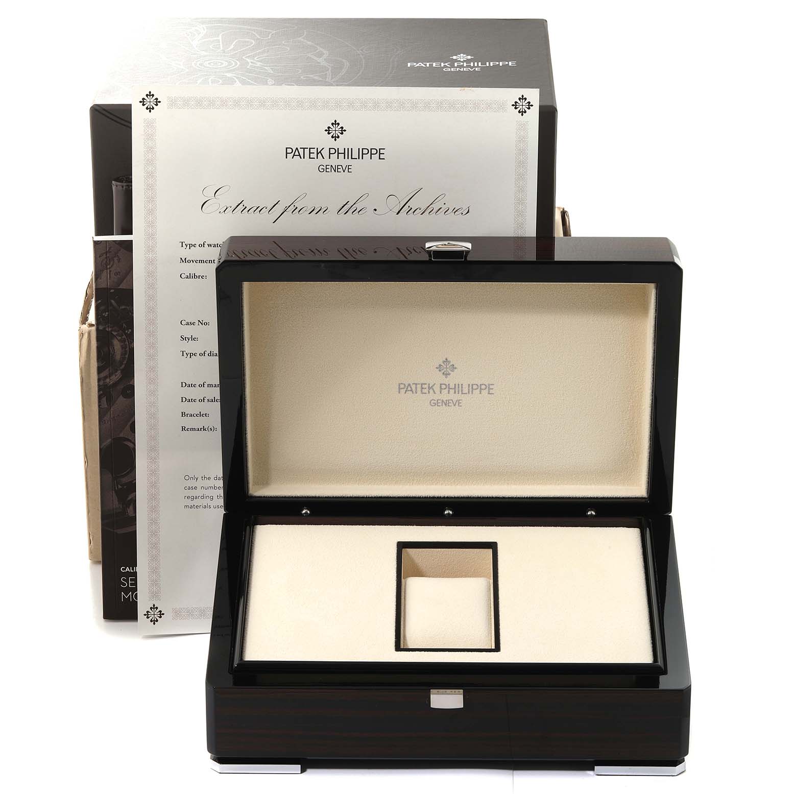 The image shows the open box and documentation for a Nautilus model by Patek Philippe, including an "Extract from the Archives" certificate.