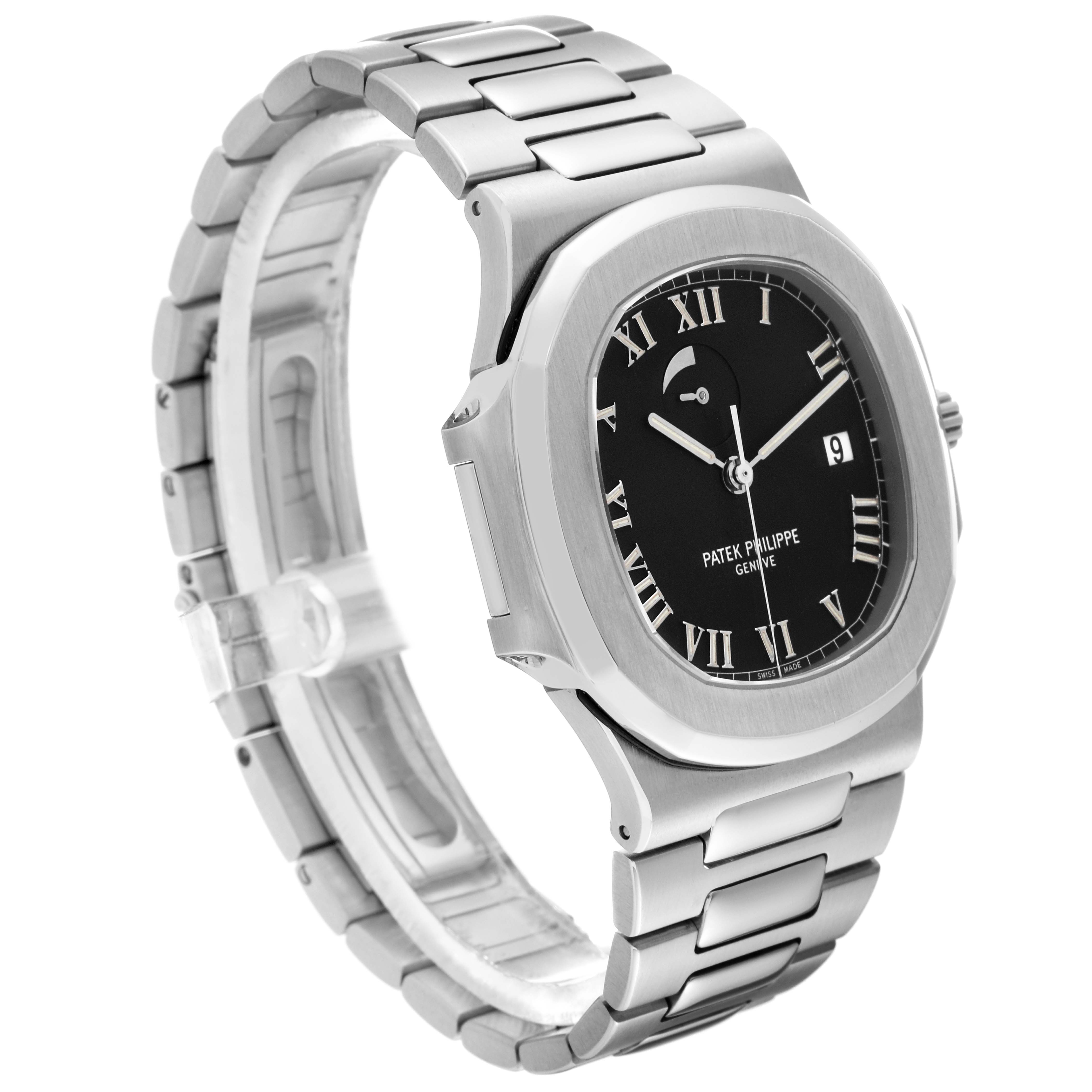 The image shows a Patek Philippe Nautilus 3710/1A-001 Men's Stainless Steel Black Dial 3710/1A-001 Men's Stainless Steel Black Dial watch at a three-quarter angle, highlighting the dial, bezel, and bracelet.