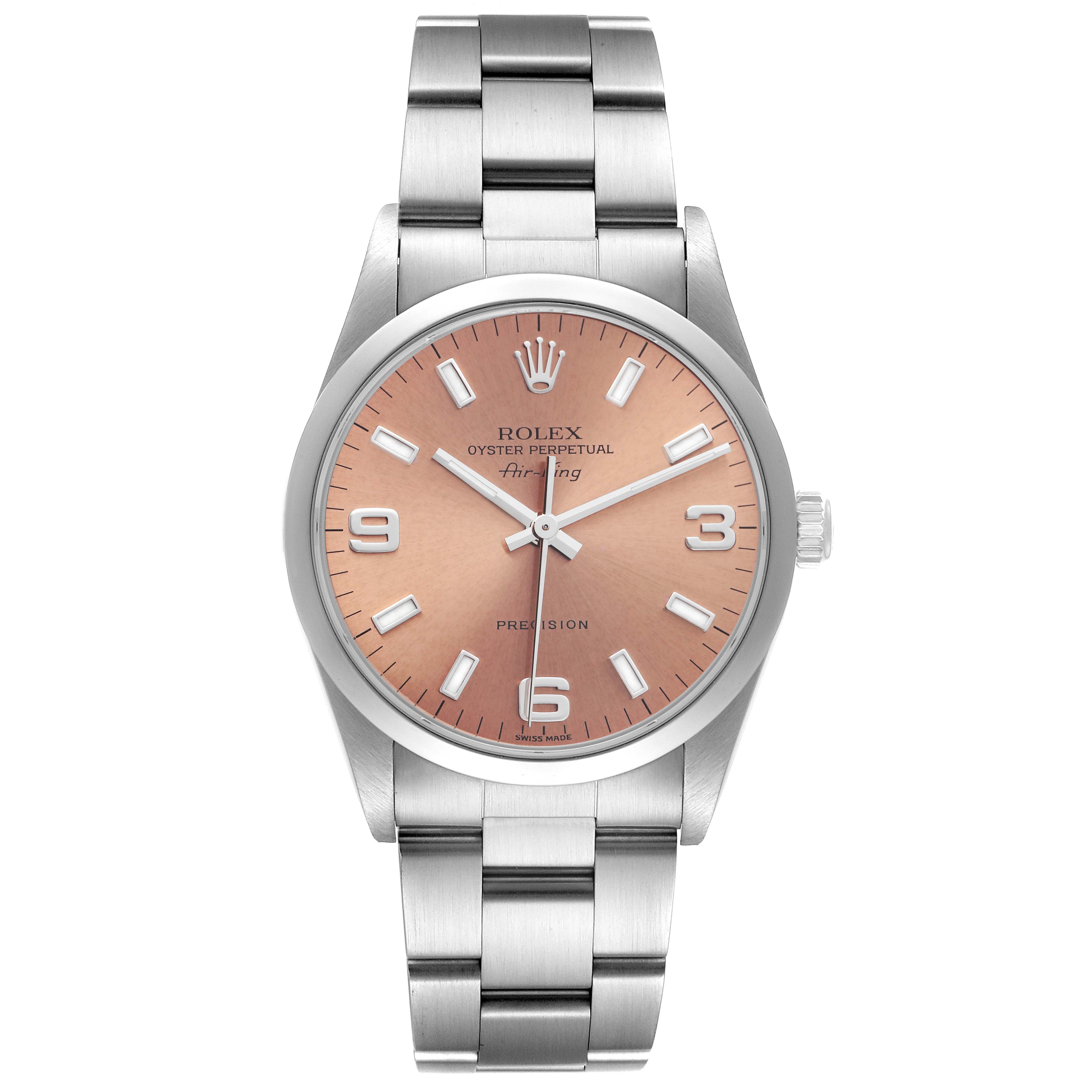 This is a direct front view of the Rolex Air-King 14000 Men's Stainless Steel Pink Dial 14000 Men's Stainless Steel Pink Dial watch, showcasing the dial, hands, and bracelet.