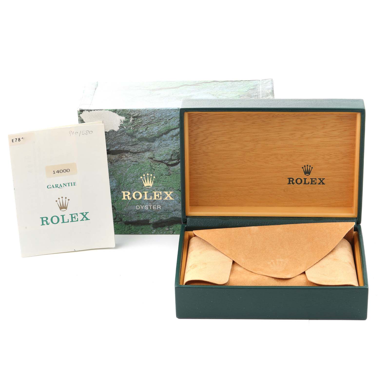 The image shows an open Rolex Air-King 14000 Men's Stainless Steel Pink Dial 14000 Men's Stainless Steel Pink Dial watch box with a cushion, alongside its outer box and warranty booklet.