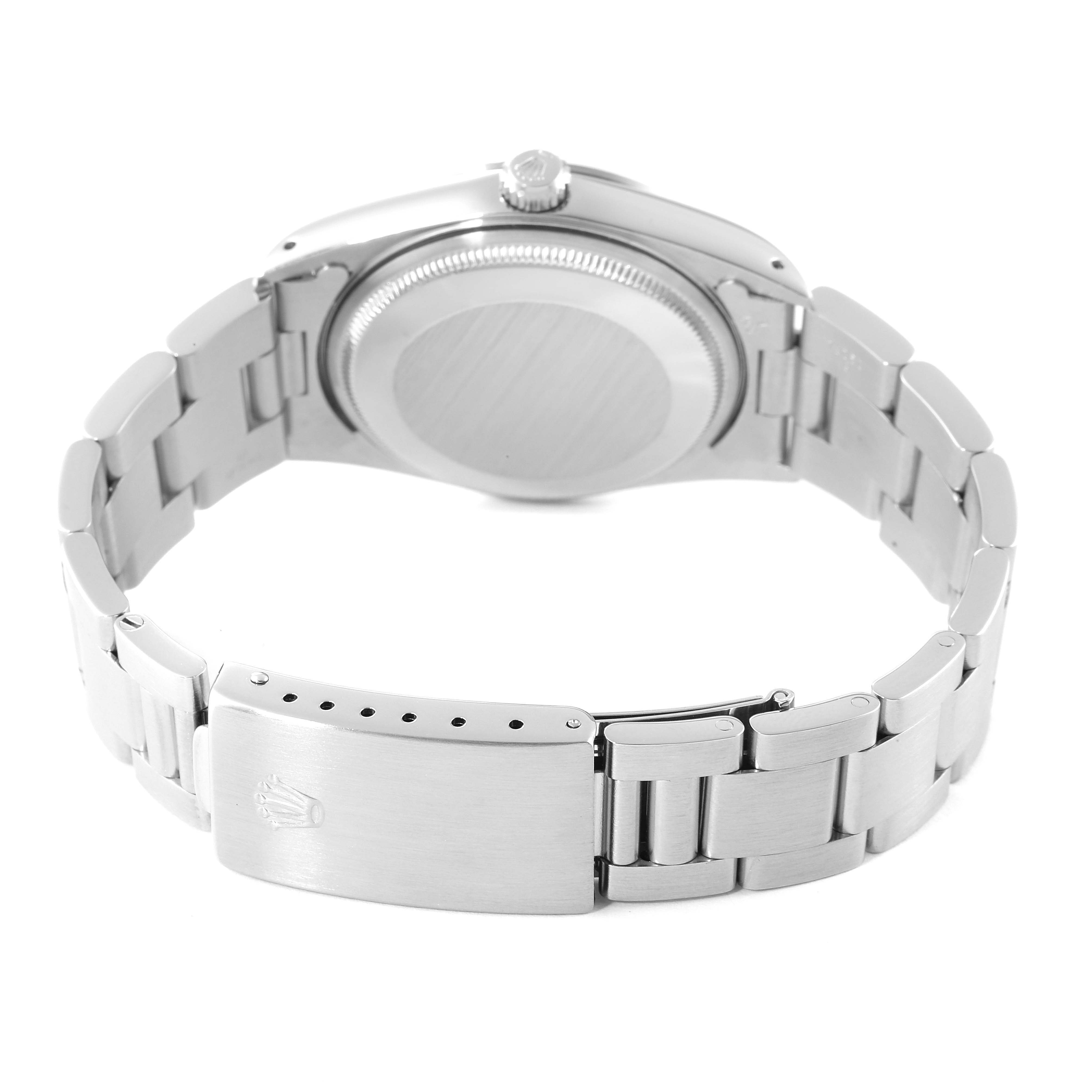 The image shows the back view of a Rolex Air-King 14000 Men's Stainless Steel Pink Dial 14000 Men's Stainless Steel Pink Dial model, focusing on its clasp, bracelet, and case back.