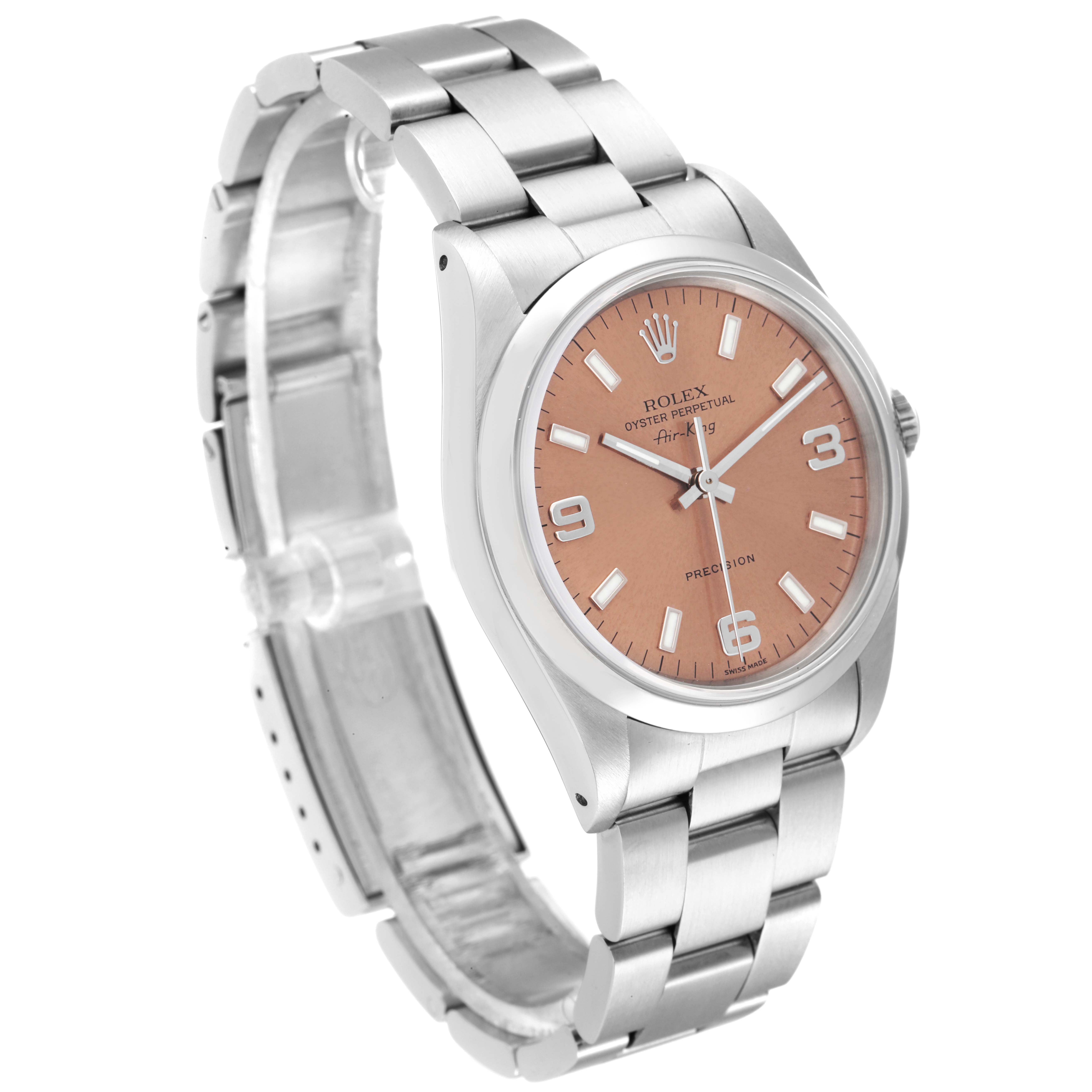 The image shows a Rolex Air-King 14000 Men's Stainless Steel Pink Dial 14000 Men's Stainless Steel Pink Dial watch at a three-quarter angle, highlighting its face, bezel, and stainless steel bracelet.