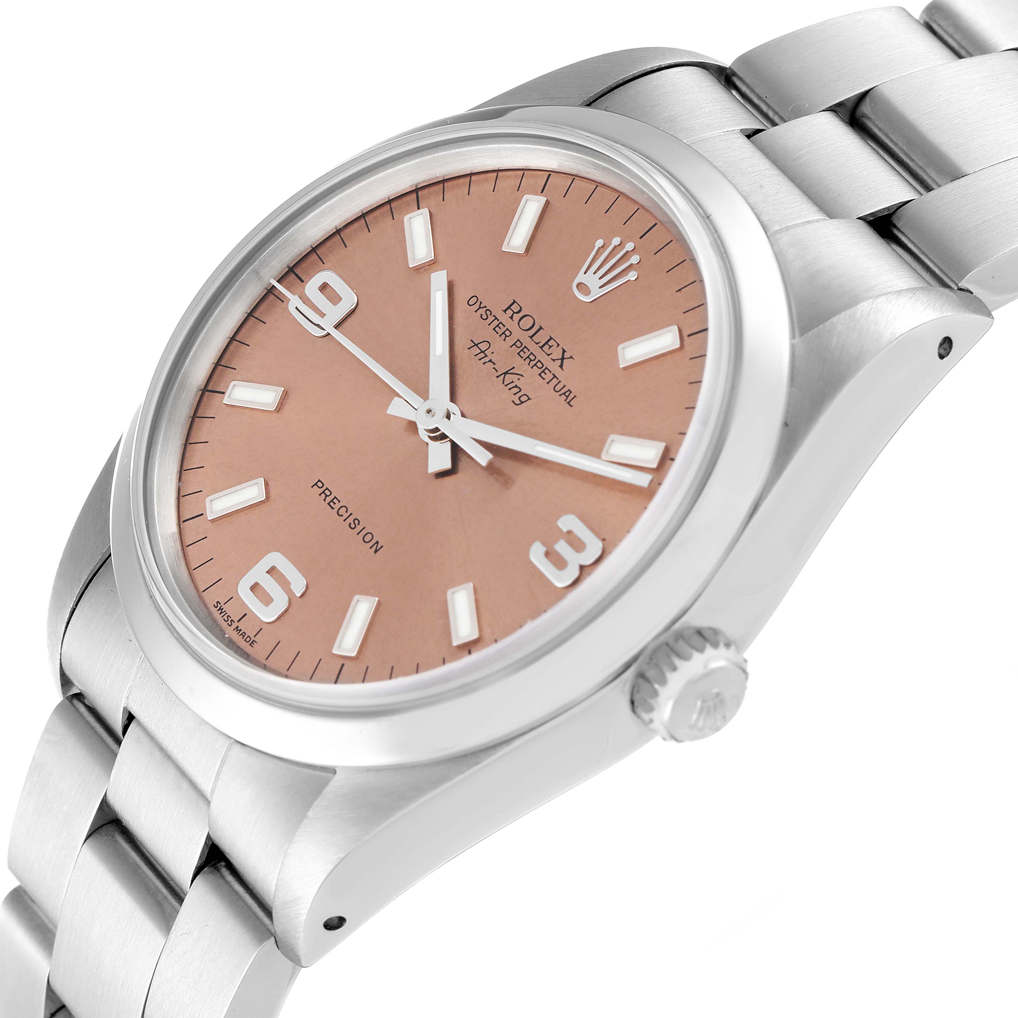 The image shows a side angle of a Rolex Air-King 14000 Men's Stainless Steel Pink Dial 14000 Men's Stainless Steel Pink Dial watch, highlighting the watch face, bezel, crown, and part of the bracelet.