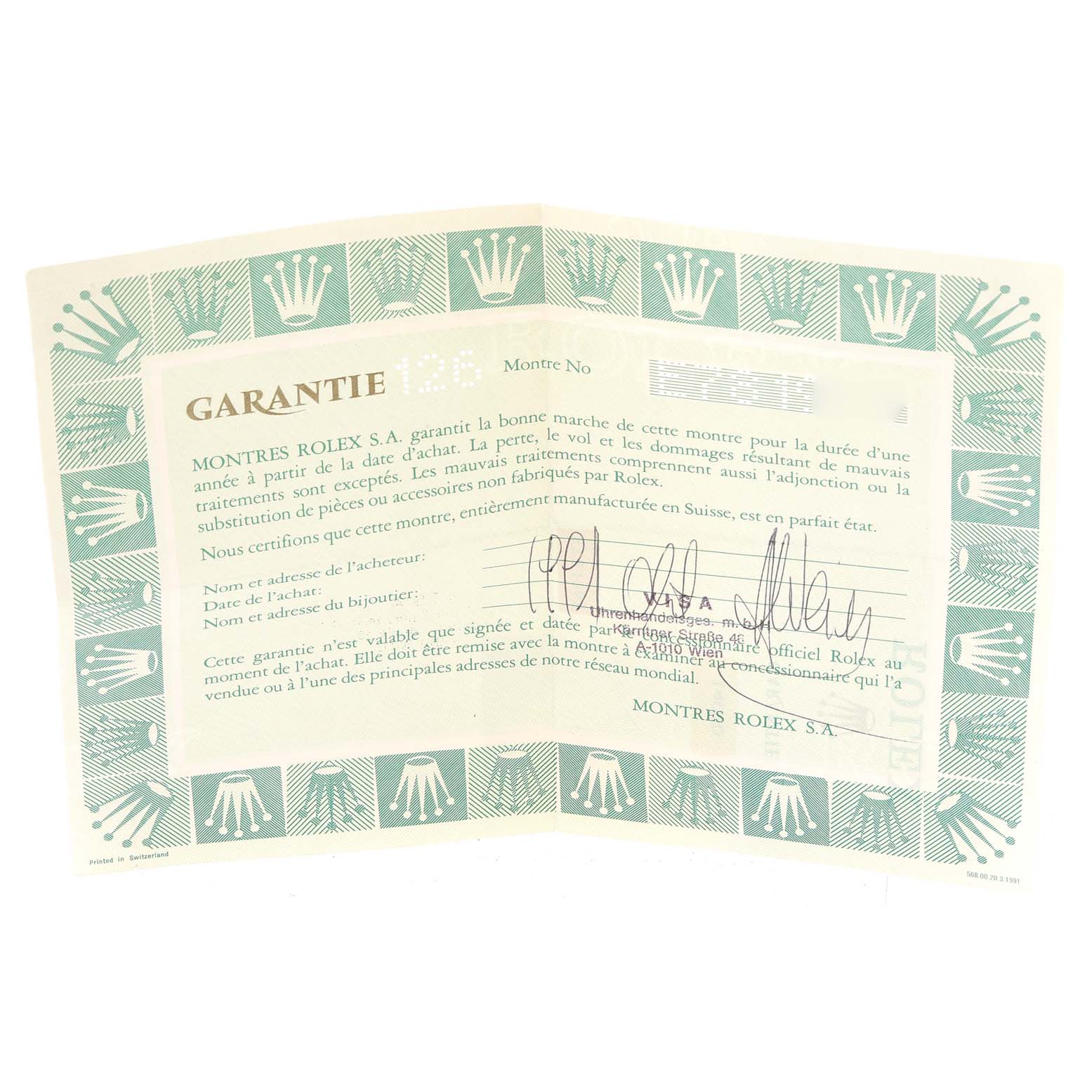 This image shows the guarantee certificate for the Rolex Air-King 14000 Men's Stainless Steel Pink Dial 14000 Men's Stainless Steel Pink Dial watch.