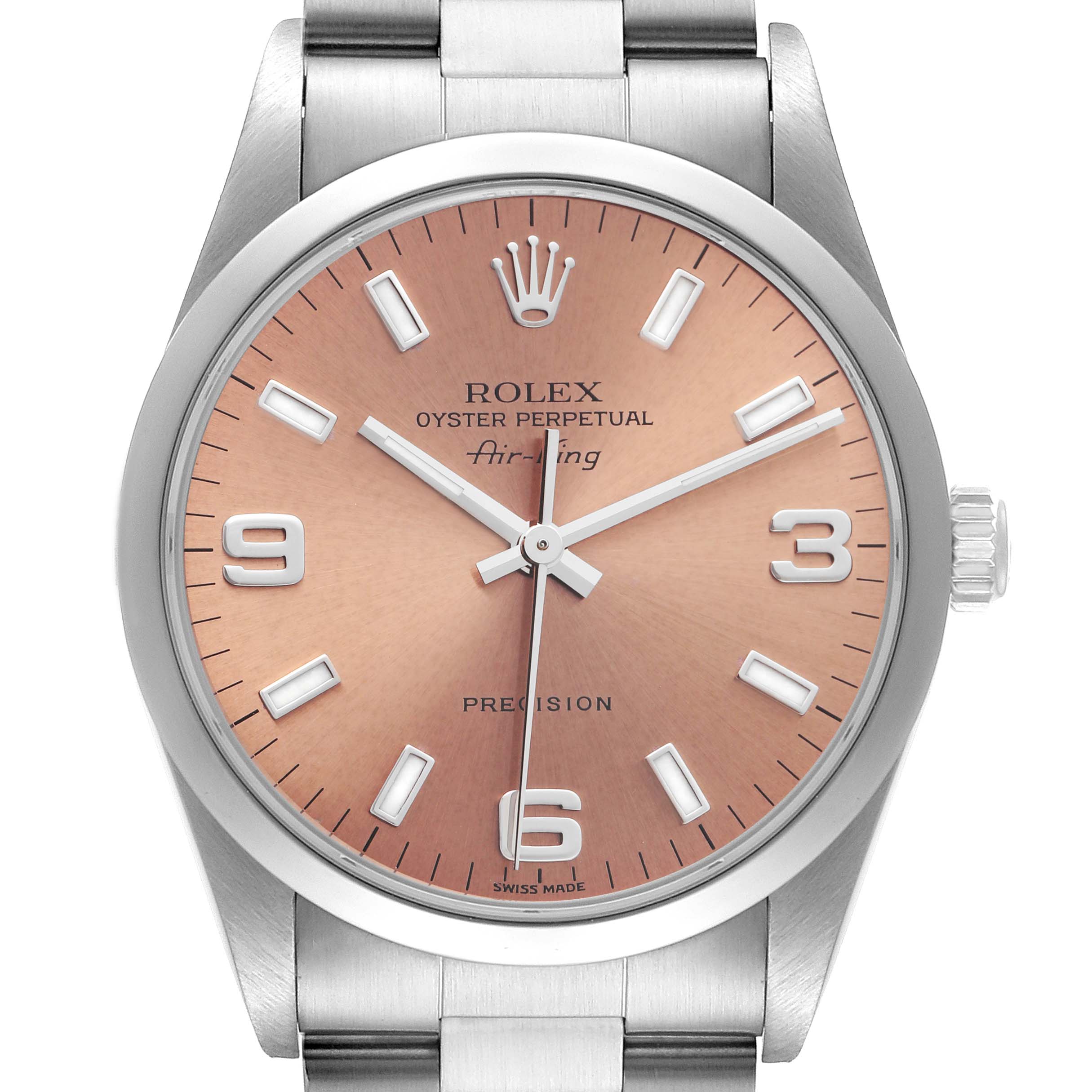 The image shows the face and upper part of the bracelet of a Rolex Air-King 14000 Men's Stainless Steel Pink Dial 14000 Men's Stainless Steel Pink Dial watch.