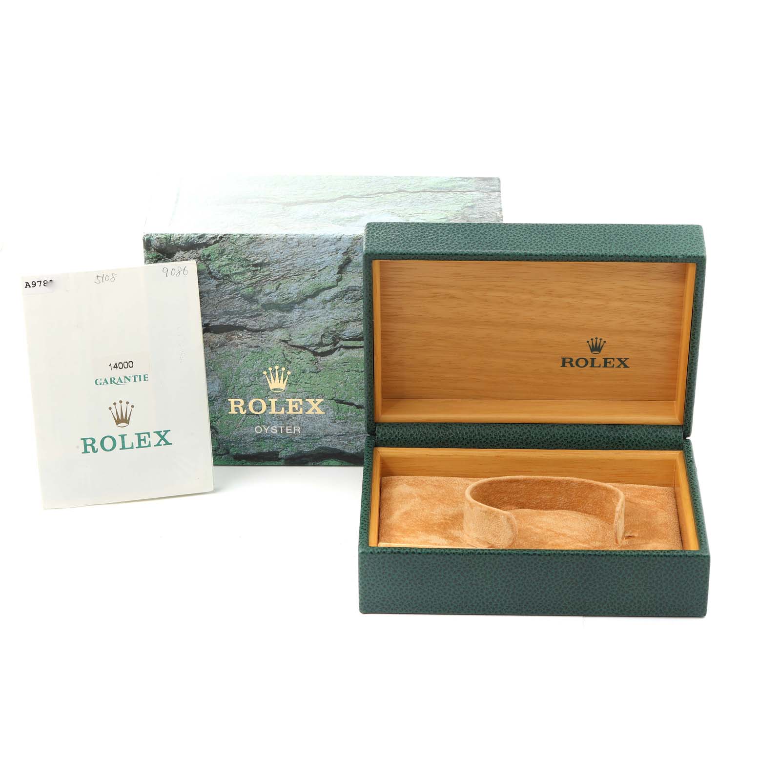 The image shows an empty green Rolex Air-King 14000 Men's Stainless Steel Silver Dial 14000 Men's Stainless Steel Silver Dial watch box, its outer box, and a warranty card.