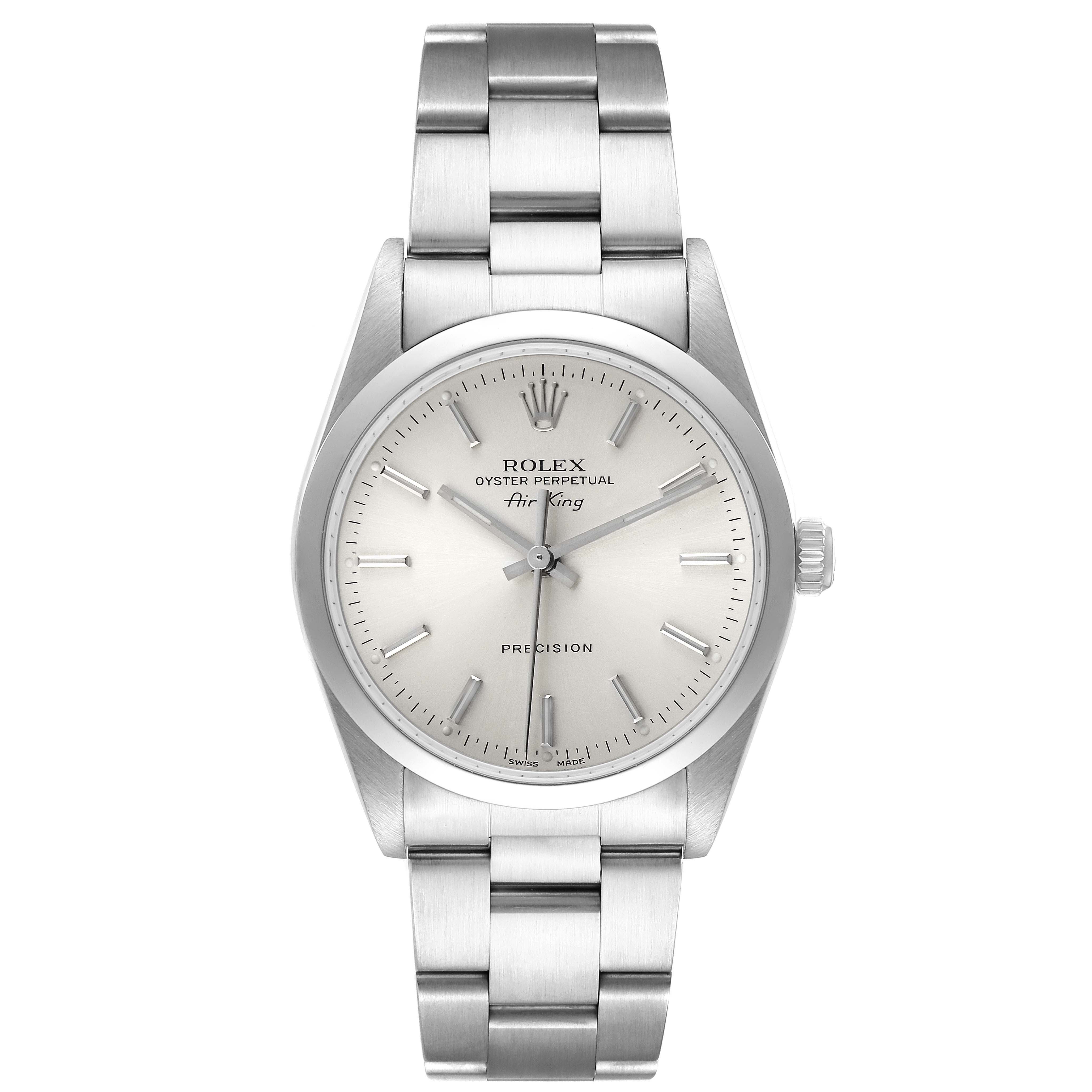 The image shows a front view of the Rolex Air-King 14000 Men's Stainless Steel Silver Dial 14000 Men's Stainless Steel Silver Dial watch, highlighting its face, bezel, and bracelet.