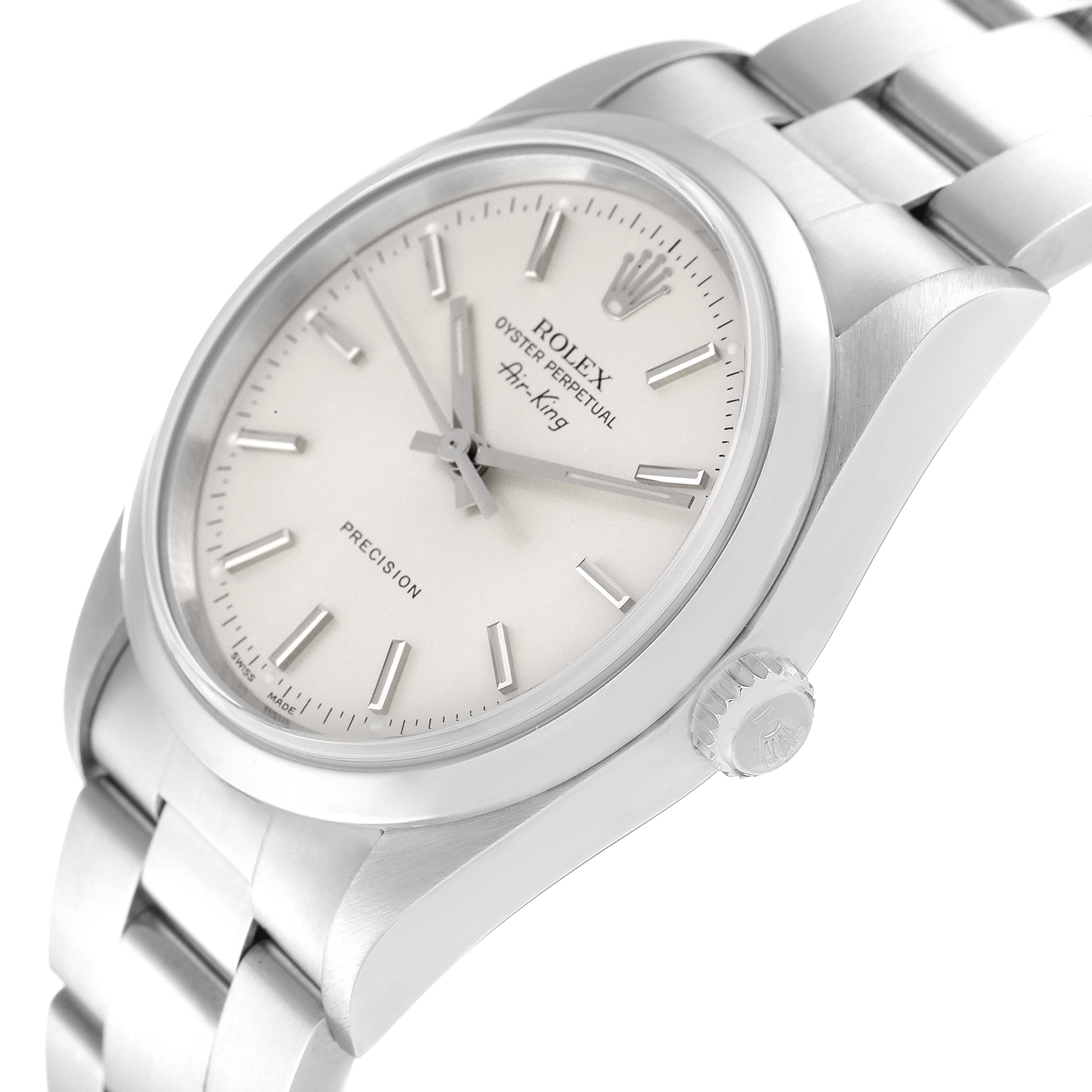 The image shows a Rolex Air-King 14000 Men's Stainless Steel Silver Dial 14000 Men's Stainless Steel Silver Dial watch from an angled perspective highlighting the face, bezel, crown, and bracelet.