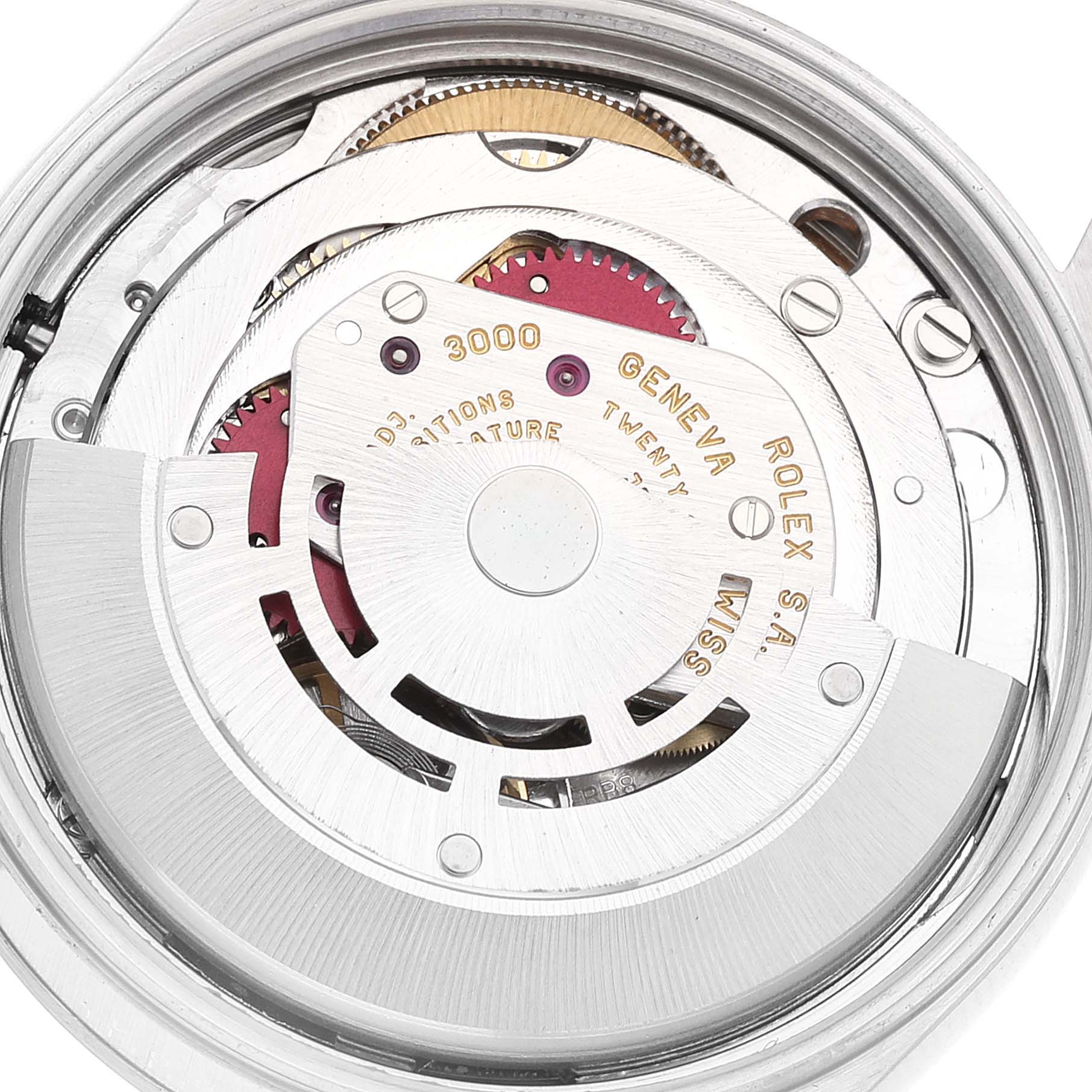 This image shows the internal mechanical movement of a Rolex Air-King 14000 Men's Stainless Steel Silver Dial 14000 Men's Stainless Steel Silver Dial watch, captured from a close-up underside angle.