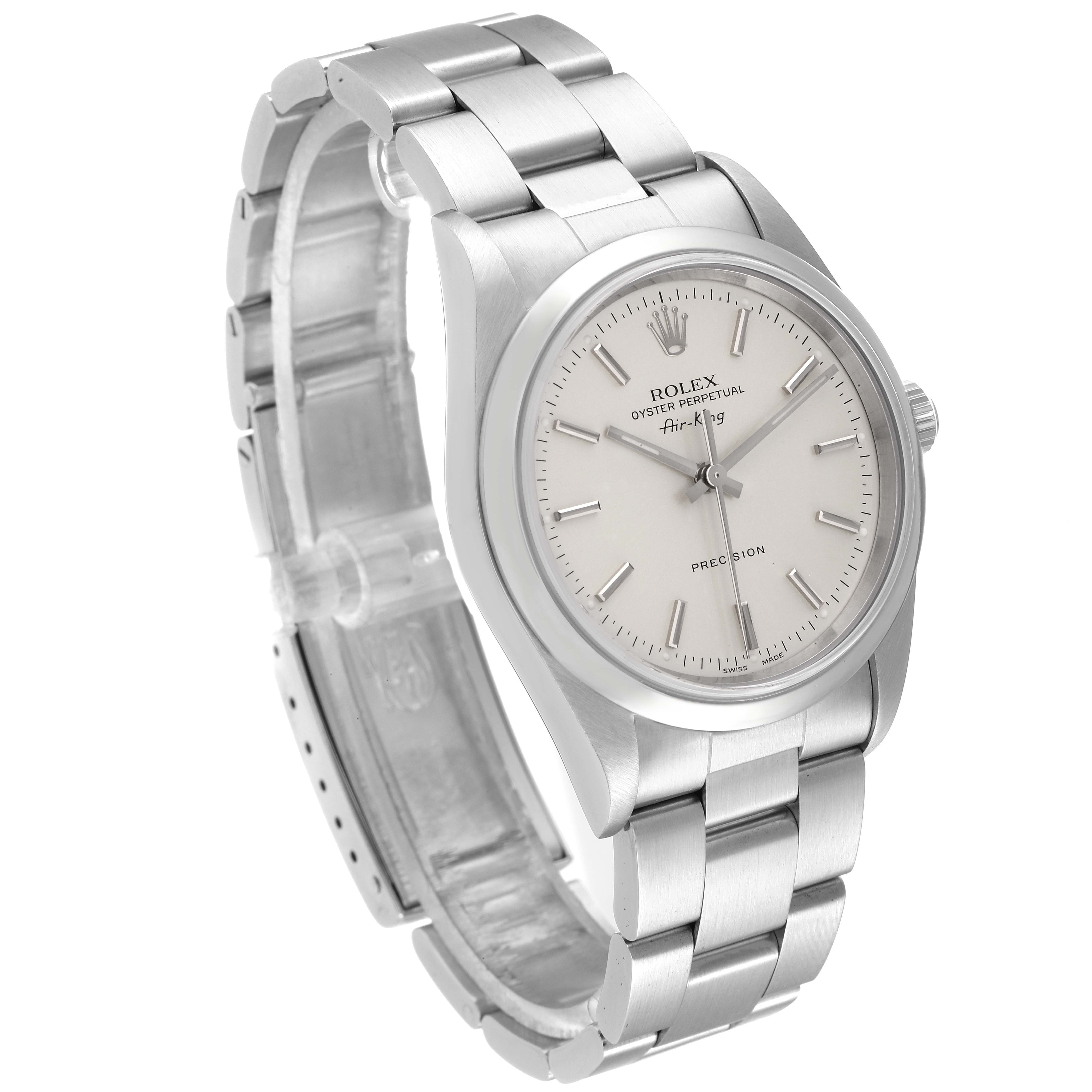 The Rolex Air-King 14000 Men's Stainless Steel Silver Dial 14000 Men's Stainless Steel Silver Dial watch is shown at a three-quarter angle, displaying the dial, case, crown, and bracelet.