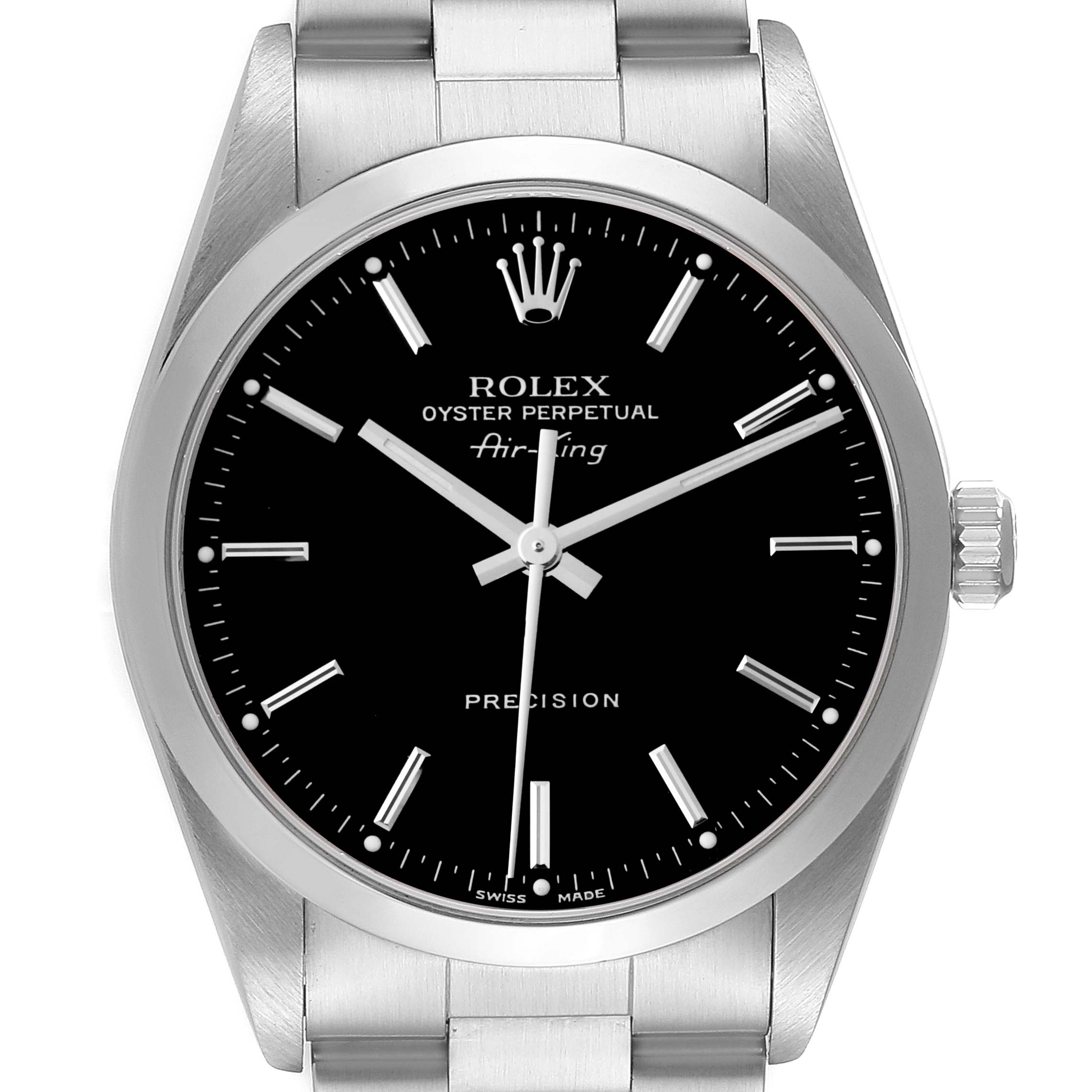 The image shows a front angle of the Rolex Air-King 14000M Men's Stainless Steel Black Dial 14000M Men's Stainless Steel Black Dial watch, displaying the dial, hands, bezel, and part of the bracelet.