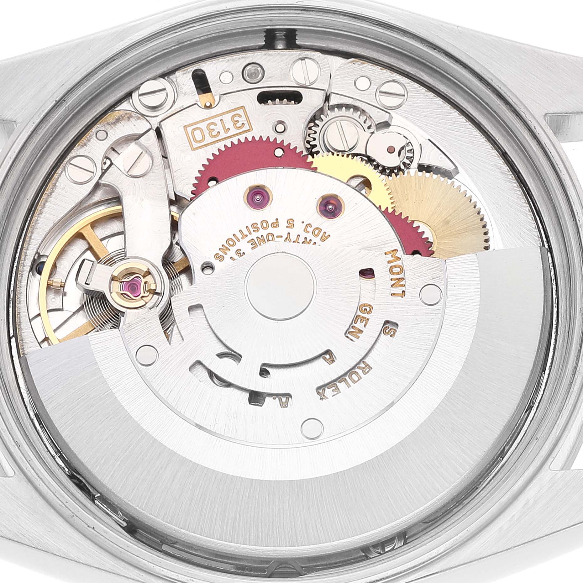 The image shows the movement mechanism of a Rolex Air-King 14000M Men's Stainless Steel Black Dial 14000M Men's Stainless Steel Black Dial watch from the back.