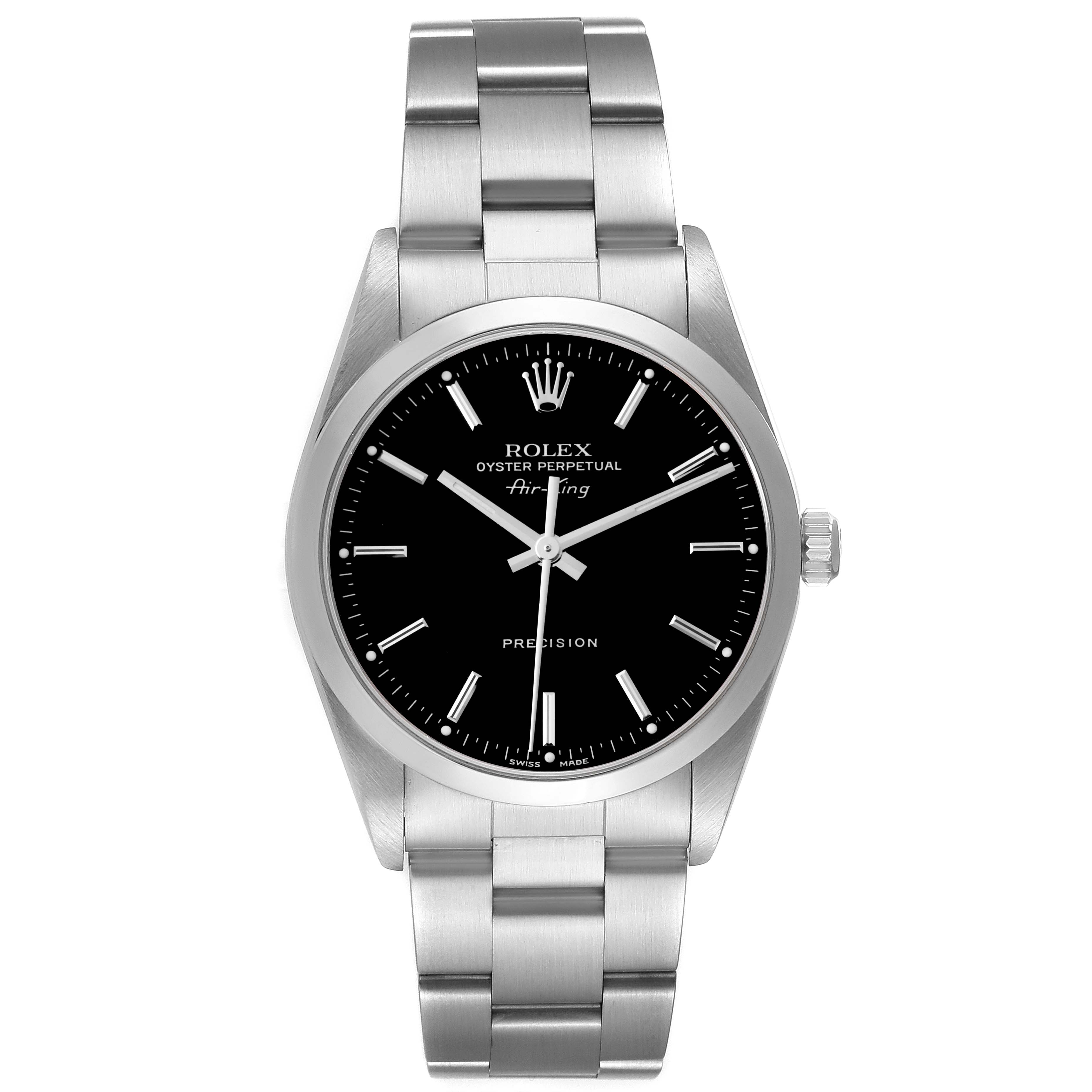 The Rolex Air-King 14000M Men's Stainless Steel Black Dial 14000M Men's Stainless Steel Black Dial watch is shown from the front, displaying its black dial, stainless steel case, and bracelet.