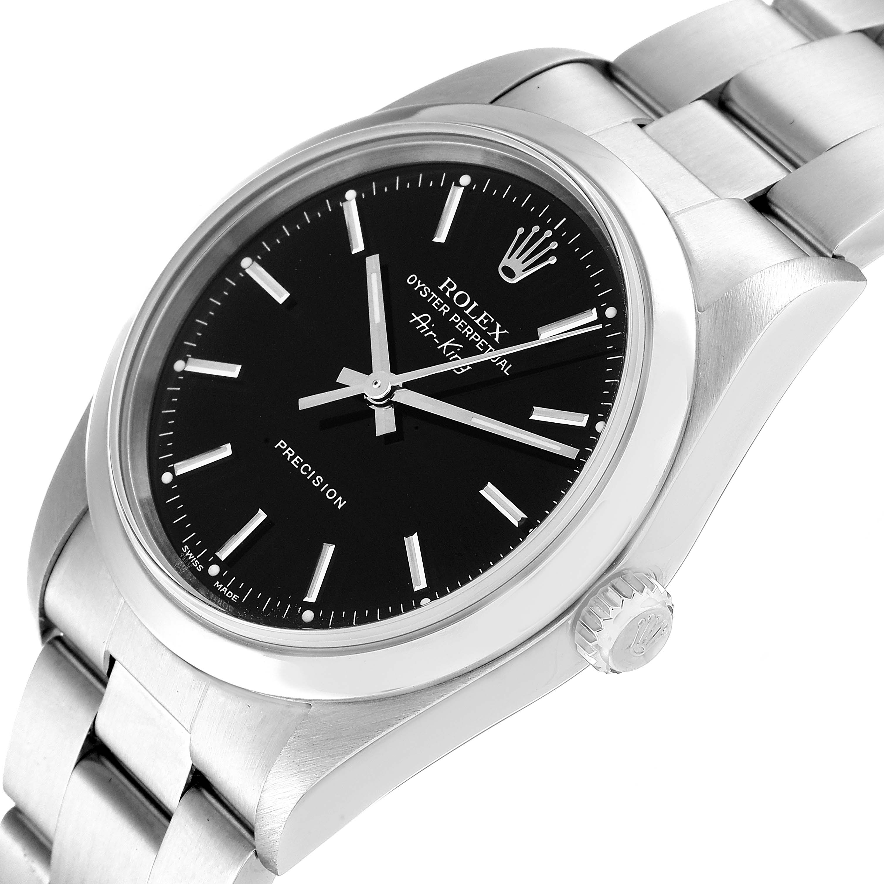 The image shows a side angle view of the Rolex Air-King 14000M Men's Stainless Steel Black Dial 14000M Men's Stainless Steel Black Dial watch, highlighting the black dial, crown, and metal bracelet.