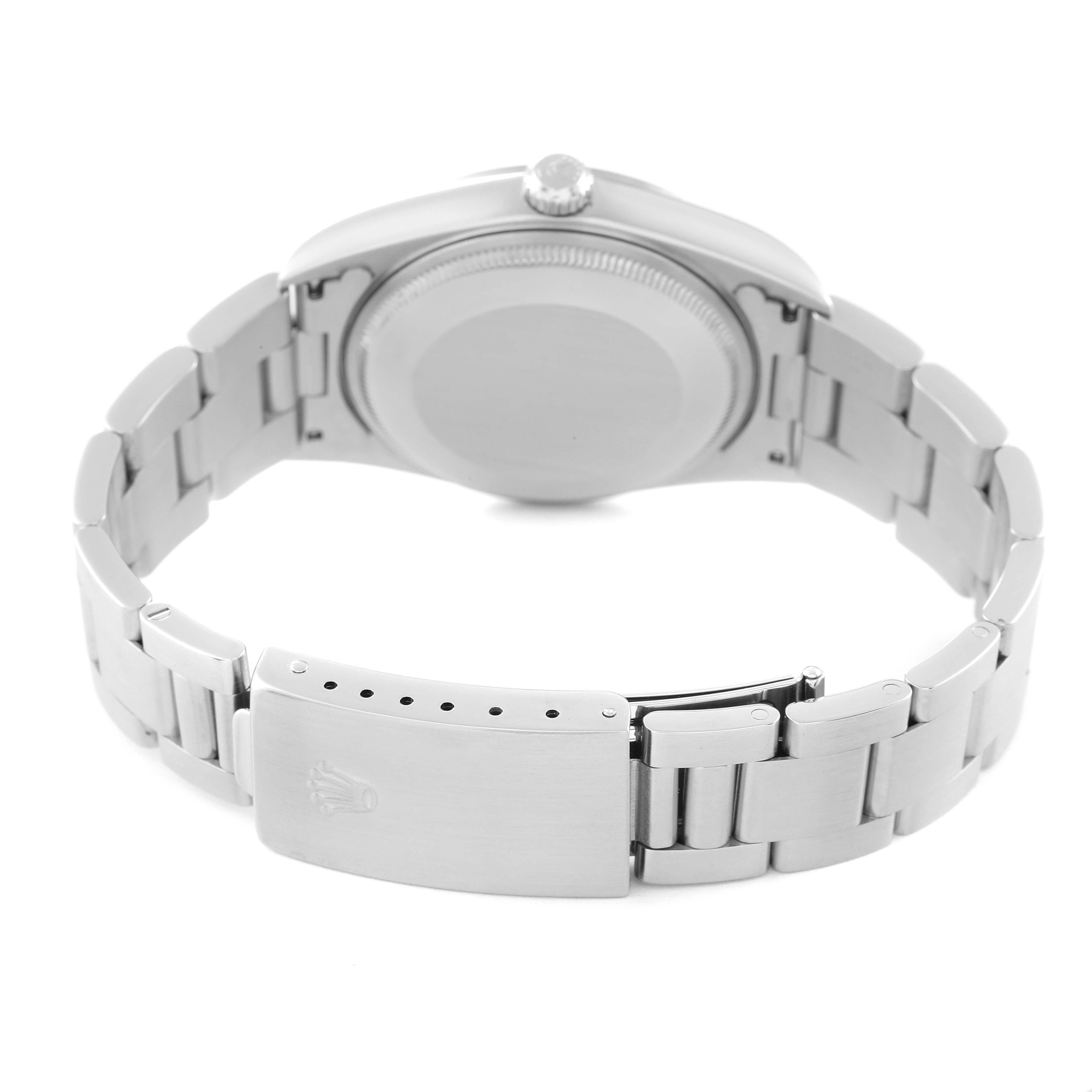 This image shows the back case, crown, and clasp of a Rolex Air-King 14000M Men's Stainless Steel Black Dial 14000M Men's Stainless Steel Black Dial watch from a rear angle.