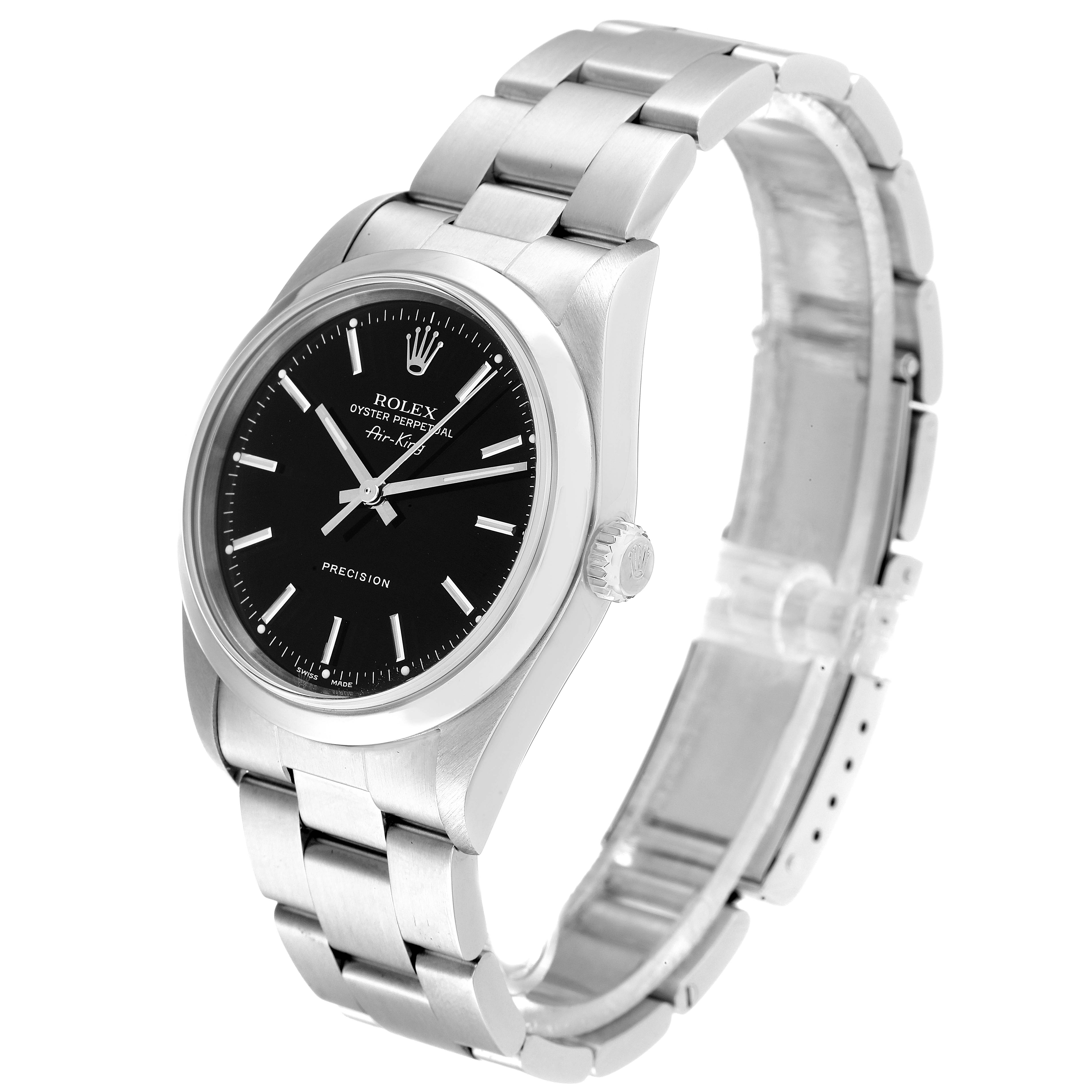The Rolex Air-King 14000M Men's Stainless Steel Black Dial 14000M Men's Stainless Steel Black Dial watch is shown at a three-quarter angle, displaying the face, bezel, crown, and part of the bracelet.