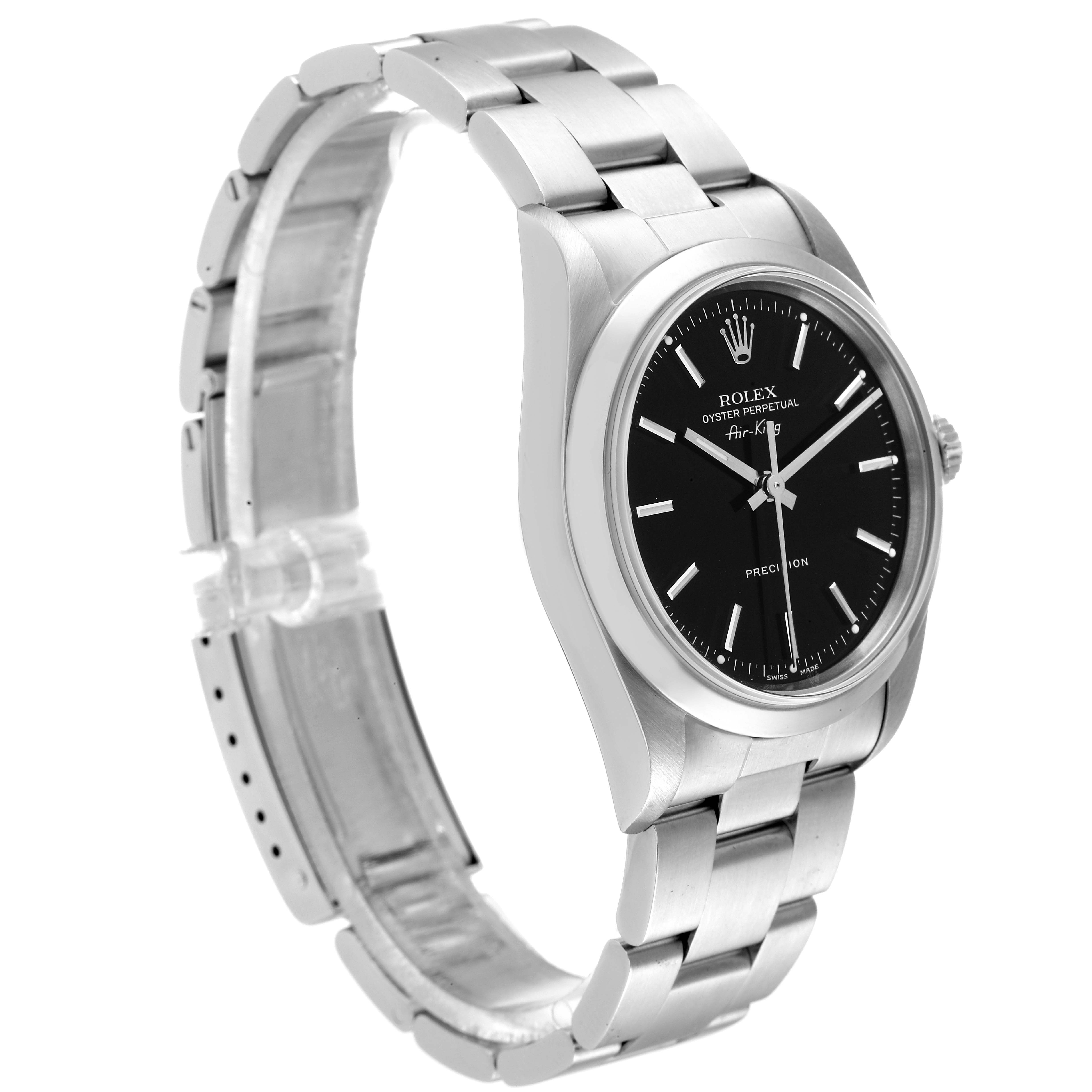 This Rolex Air-King 14000M Men's Stainless Steel Black Dial 14000M Men's Stainless Steel Black Dial watch is shown at a side angle, highlighting its stainless steel band and black dial.