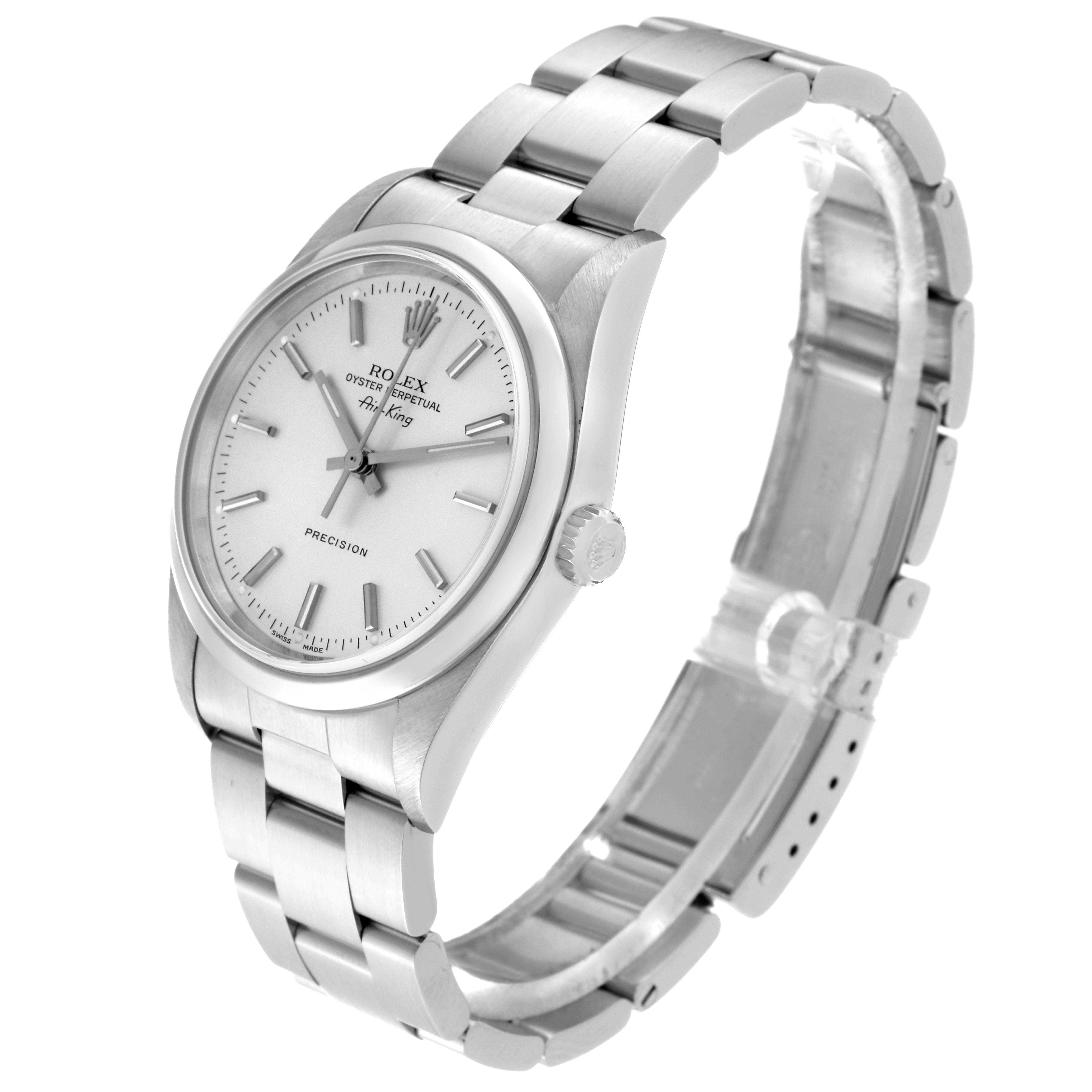 The Rolex Air-King 14000M Men's Stainless Steel Silver Dial 14000M Men's Stainless Steel Silver Dial watch is shown at a 3/4 angle, displaying its face, bracelet, and crown.