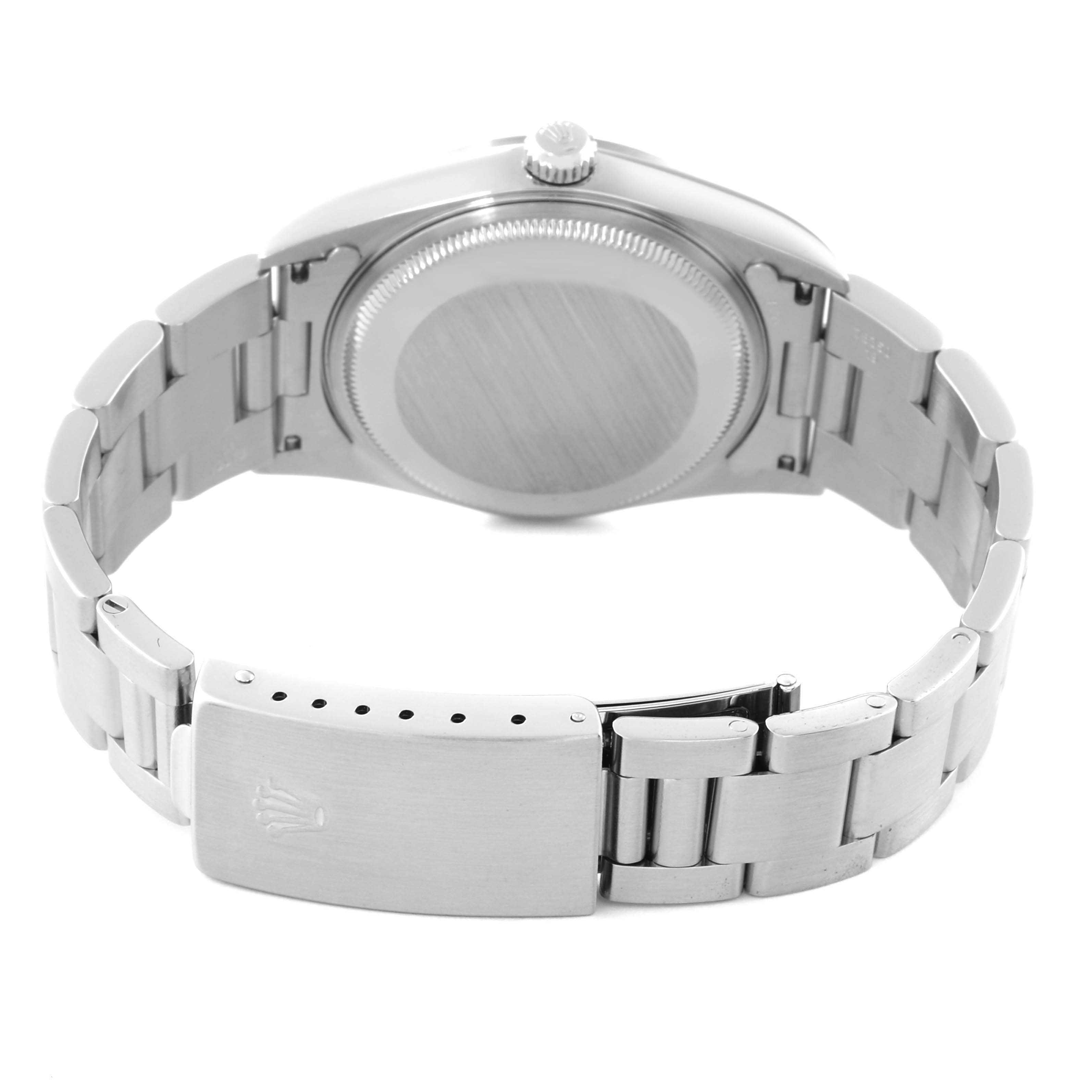 The image shows the back view of a Rolex Air-King 14000M Men's Stainless Steel Silver Dial 14000M Men's Stainless Steel Silver Dial, featuring the case back, crown, and bracelet with the clasp open.