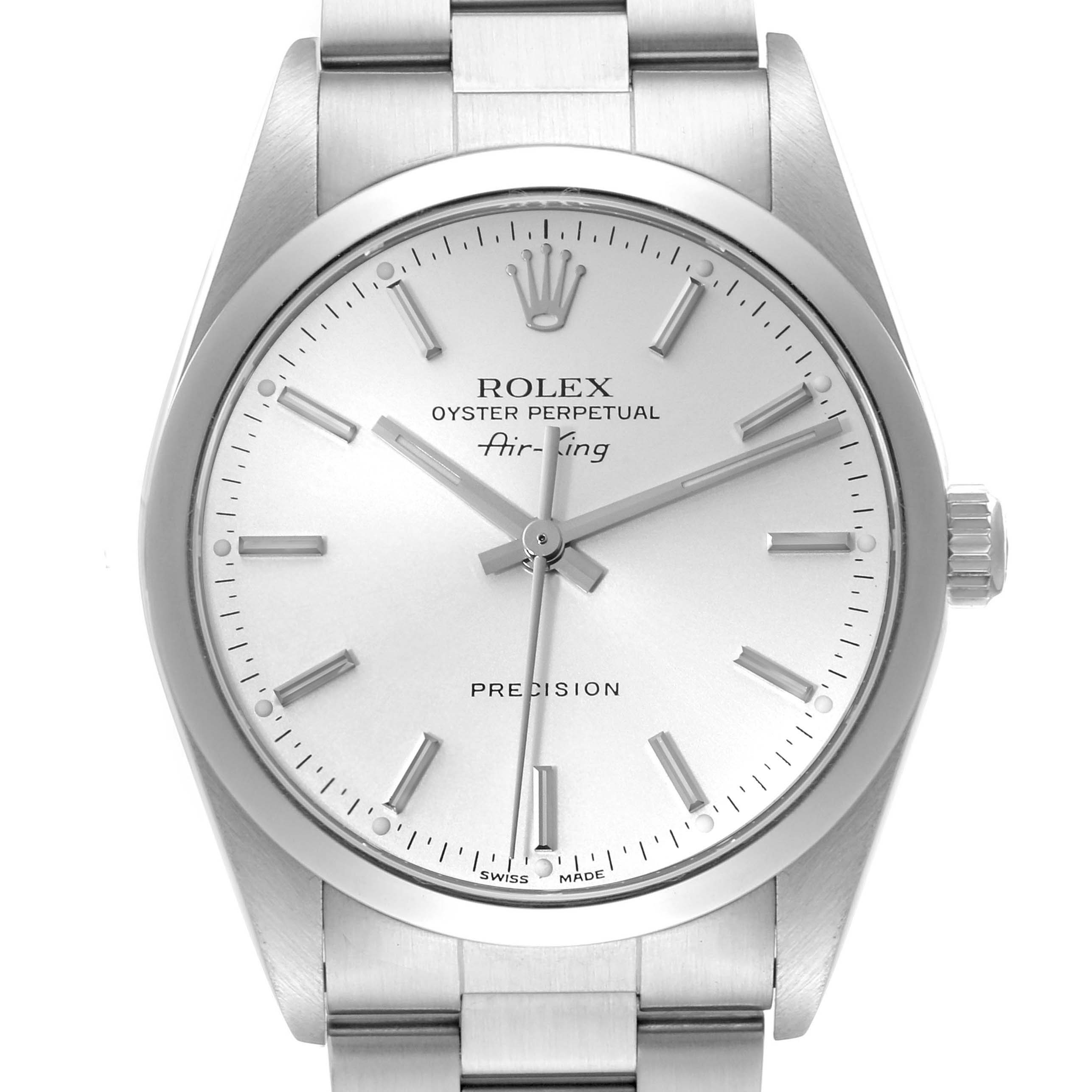 This image shows a frontal view of the Rolex Air-King 14000M Men's Stainless Steel Silver Dial 14000M Men's Stainless Steel Silver Dial watch face and upper bracelet links.