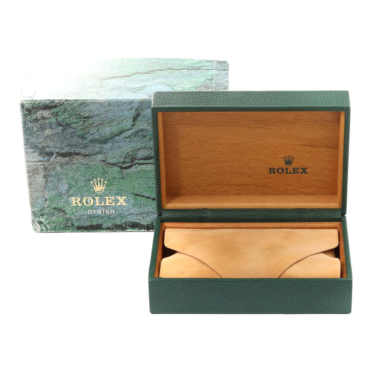 This image shows the packaging of a Rolex Air-King 14000M Men's Stainless Steel Silver Dial 14000M Men's Stainless Steel Silver Dial watch, including an open green box with a beige interior and an outer box.