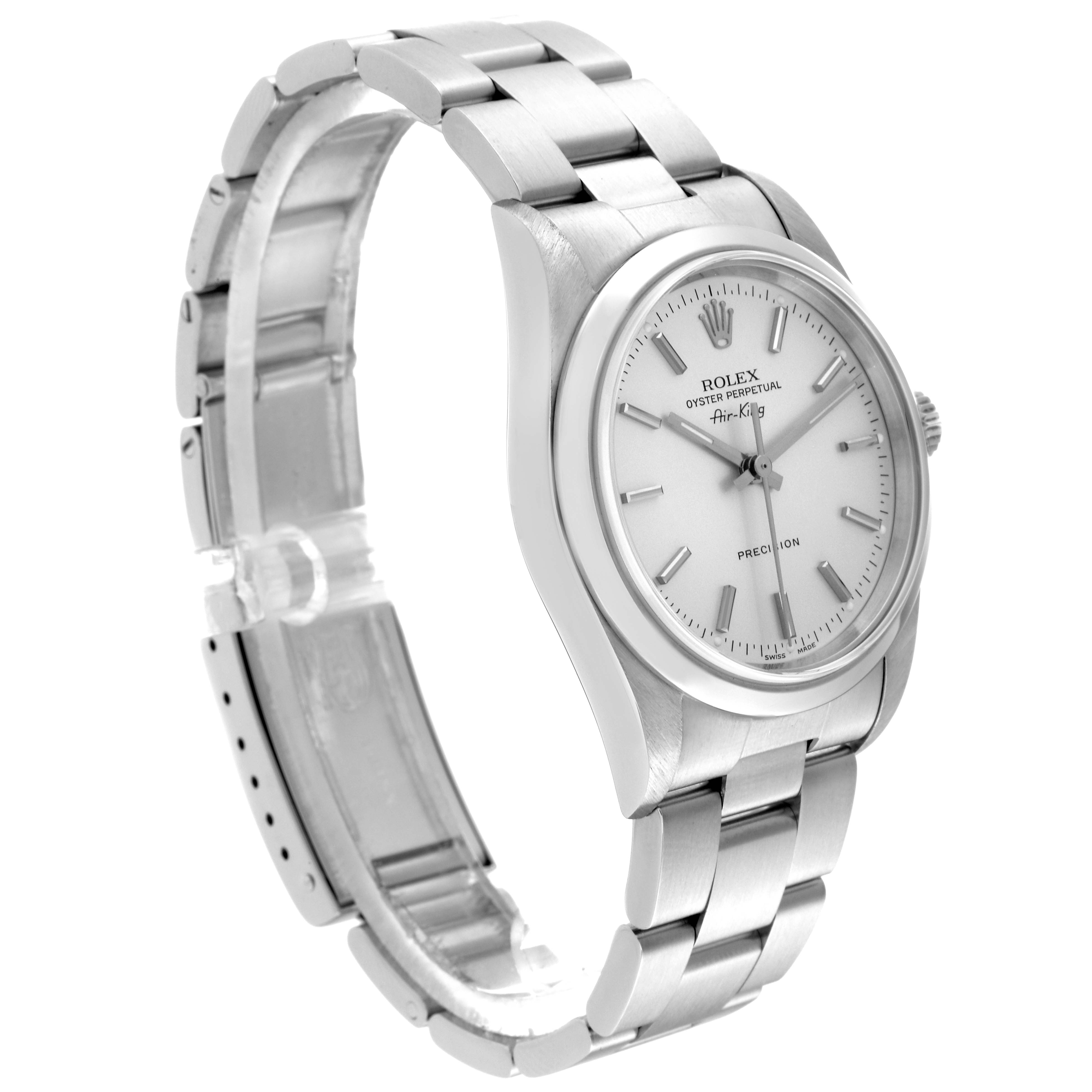 This image shows a three-quarter view of the Rolex Air-King 14000M Men's Stainless Steel Silver Dial 14000M Men's Stainless Steel Silver Dial, highlighting the case, dial, crown, and metal bracelet.