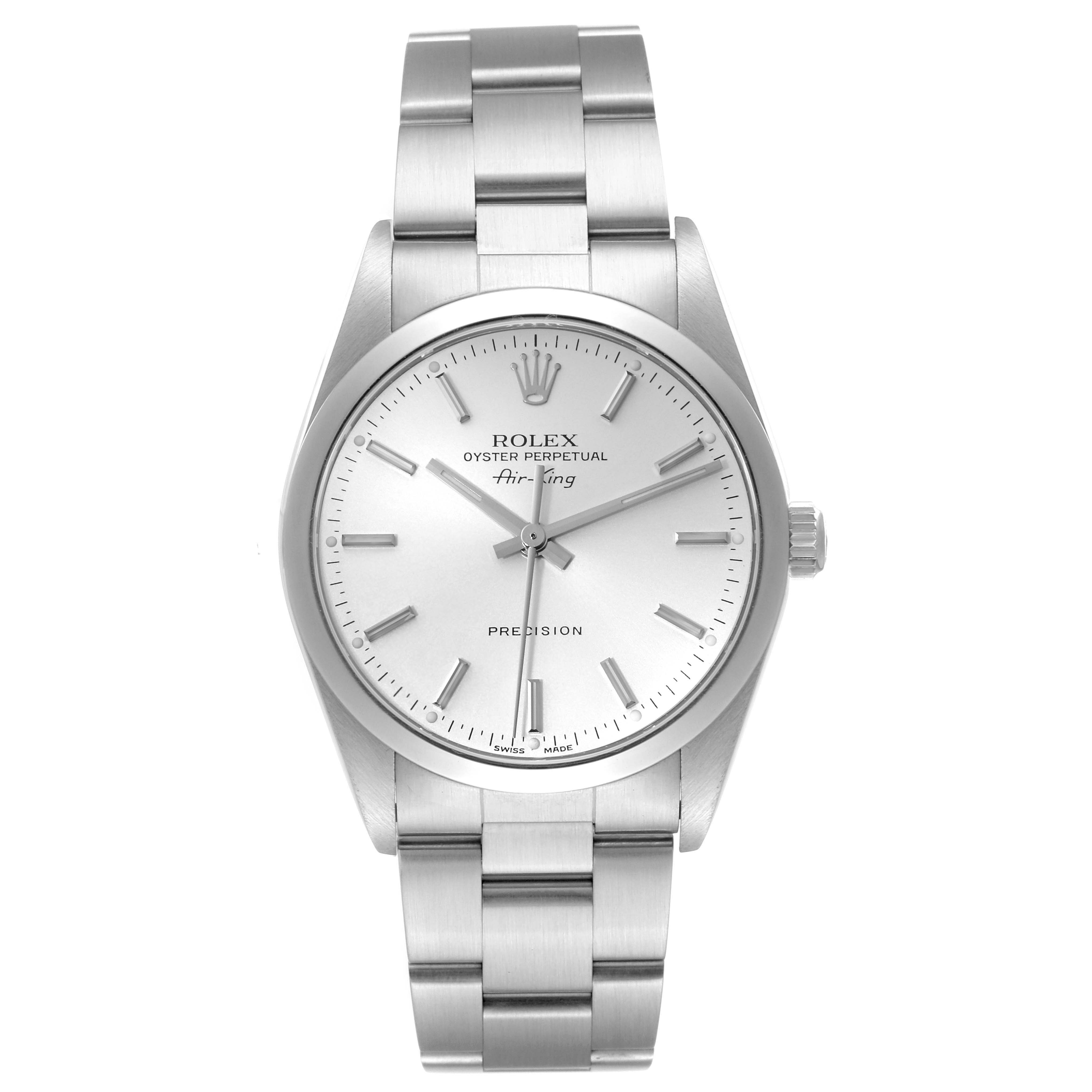 The image shows a front view of a Rolex Air-King 14000M Men's Stainless Steel Silver Dial 14000M Men's Stainless Steel Silver Dial watch, showcasing the dial, hands, bracelet, and crown.