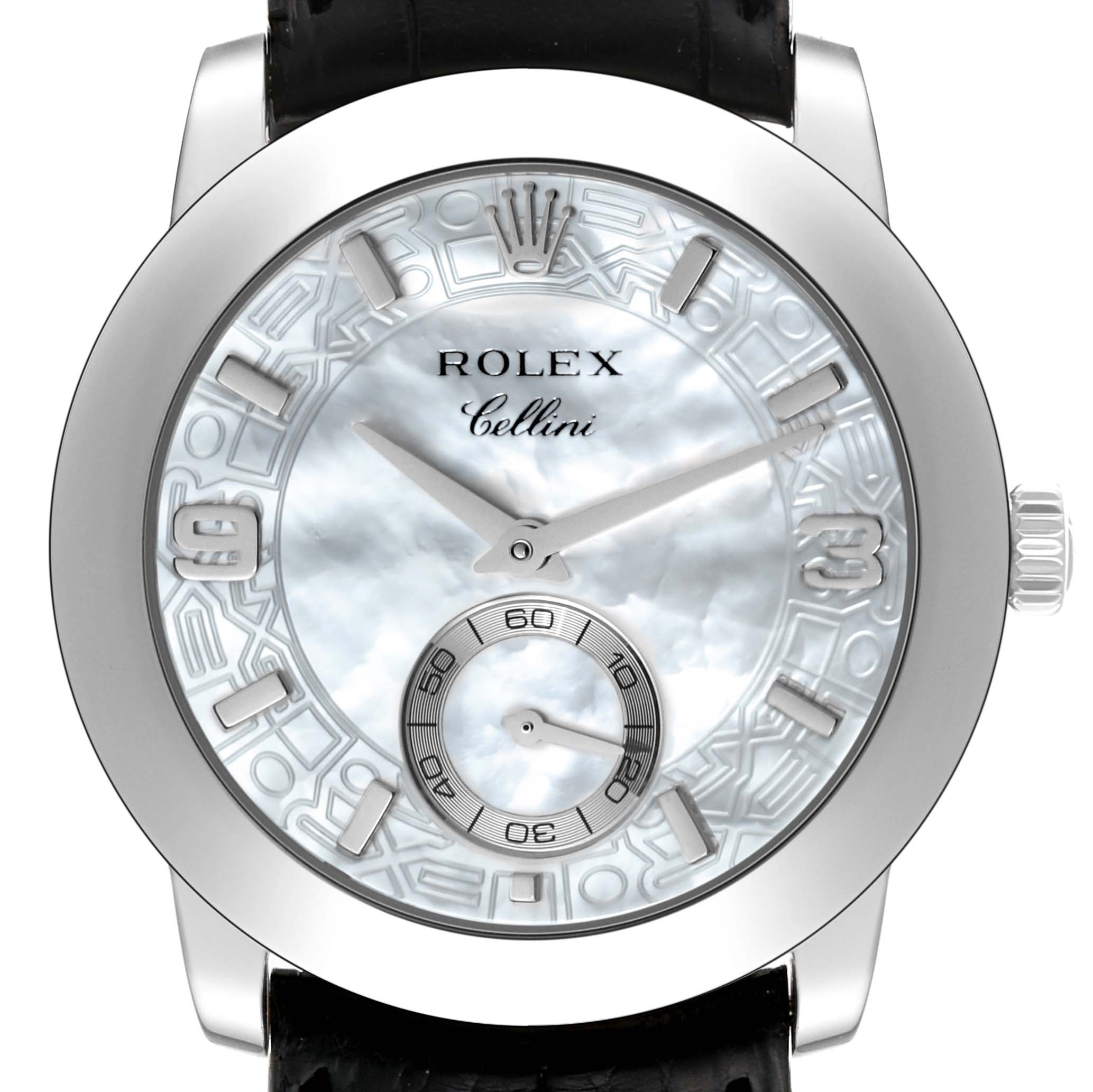 This is a front view of a Rolex Cellini 5240/6 Men
s Platinum Mother of Pearl Dial 5240/6 Men
s Platinum Mother of Pearl Dial model watch, showcasing the face, hands, crown, and part of the strap.