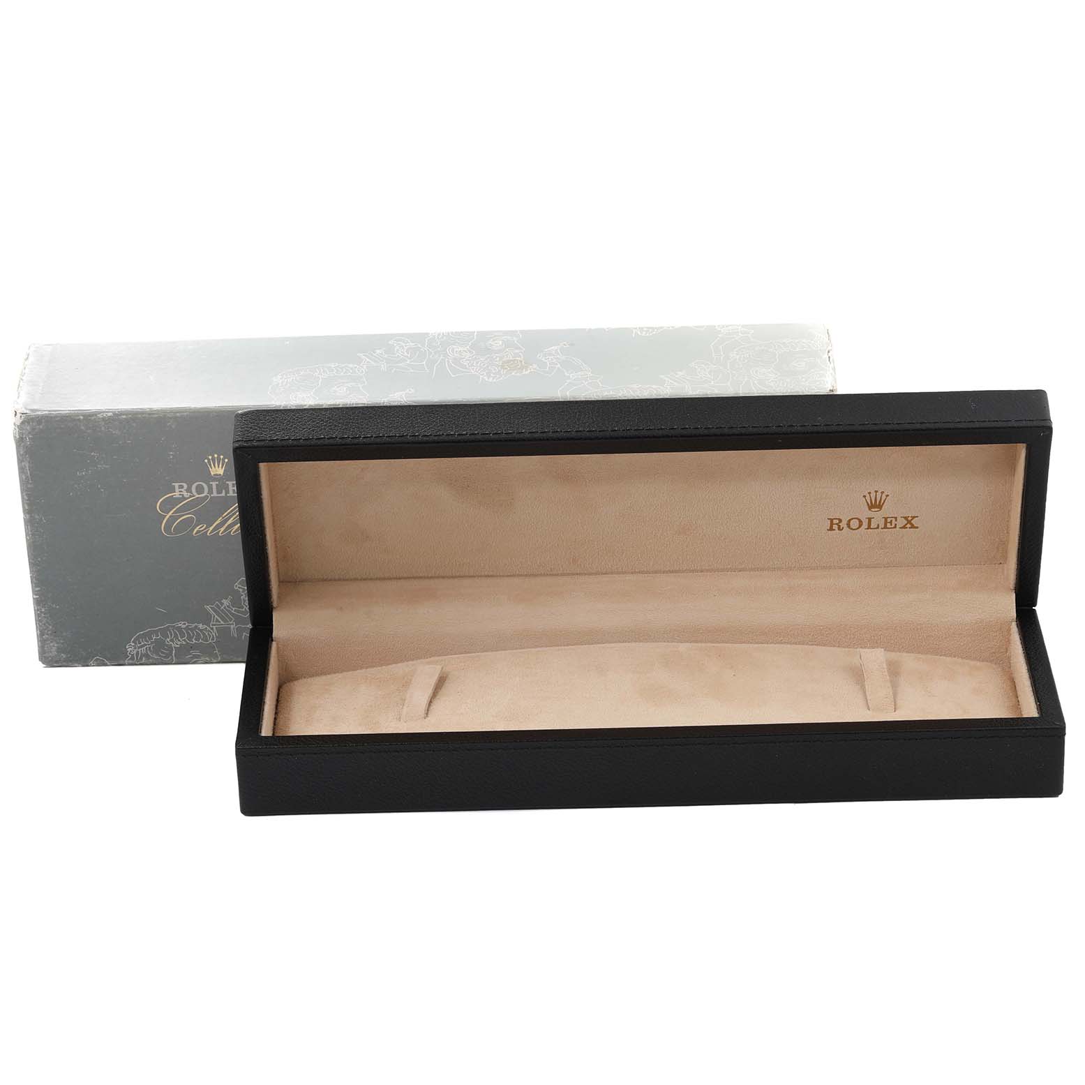 The image shows an open Rolex Cellini 5240/6 Men
s Platinum Mother of Pearl Dial 5240/6 Men
s Platinum Mother of Pearl Dial watch box angled slightly from the front, with the exterior packaging visible behind it.