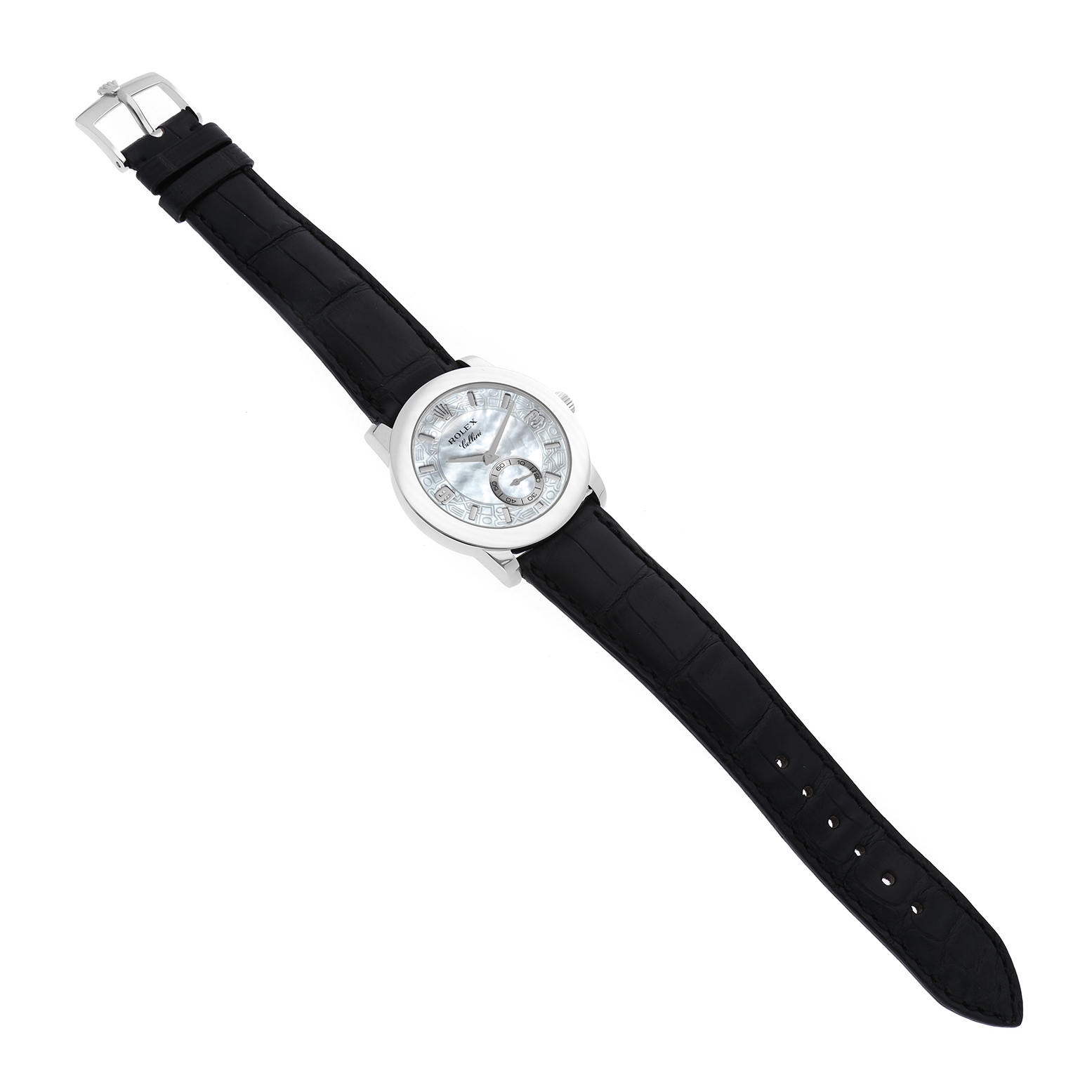 The image shows a top-down view of a Rolex Cellini 5240/6 Men
s Platinum Mother of Pearl Dial 5240/6 Men
s Platinum Mother of Pearl Dial watch with a black leather strap and silver case.