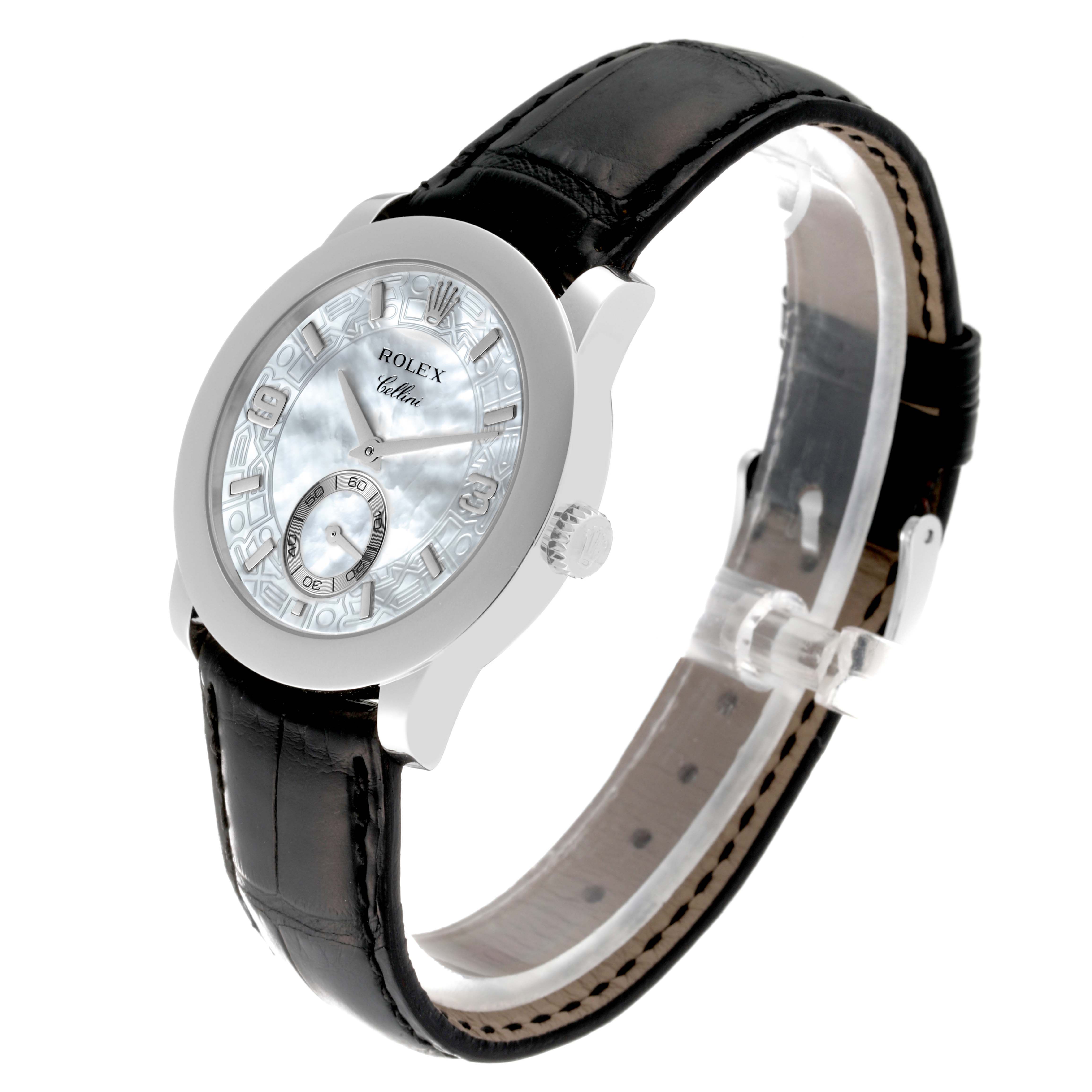 The Rolex Cellini 5240/6 Men
s Platinum Mother of Pearl Dial 5240/6 Men
s Platinum Mother of Pearl Dial watch is shown at a three-quarter angle, highlighting its face, case, crown, and leather strap.