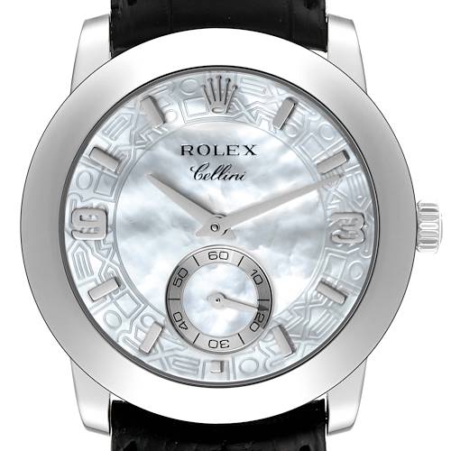 The image shows a front view of the Rolex Cellini watch, highlighting its dial, hands, crown, and strap attachment.