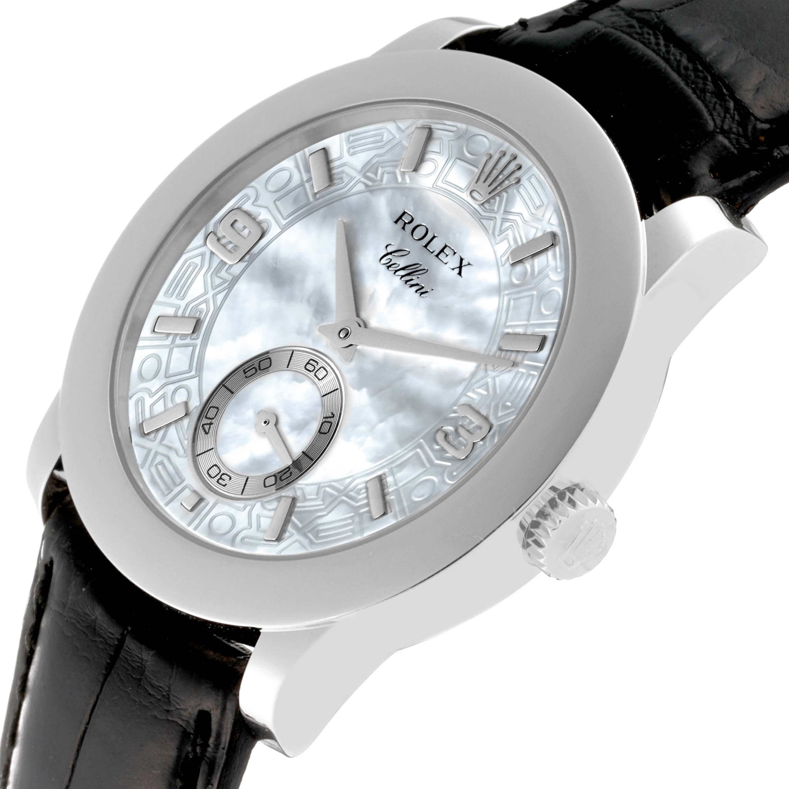 This image shows a close-up of the Rolex Cellini 5240/6 Men
s Platinum Mother of Pearl Dial 5240/6 Men
s Platinum Mother of Pearl Dial watch face, displaying its intricate dial and part of the leather strap from a top angle.