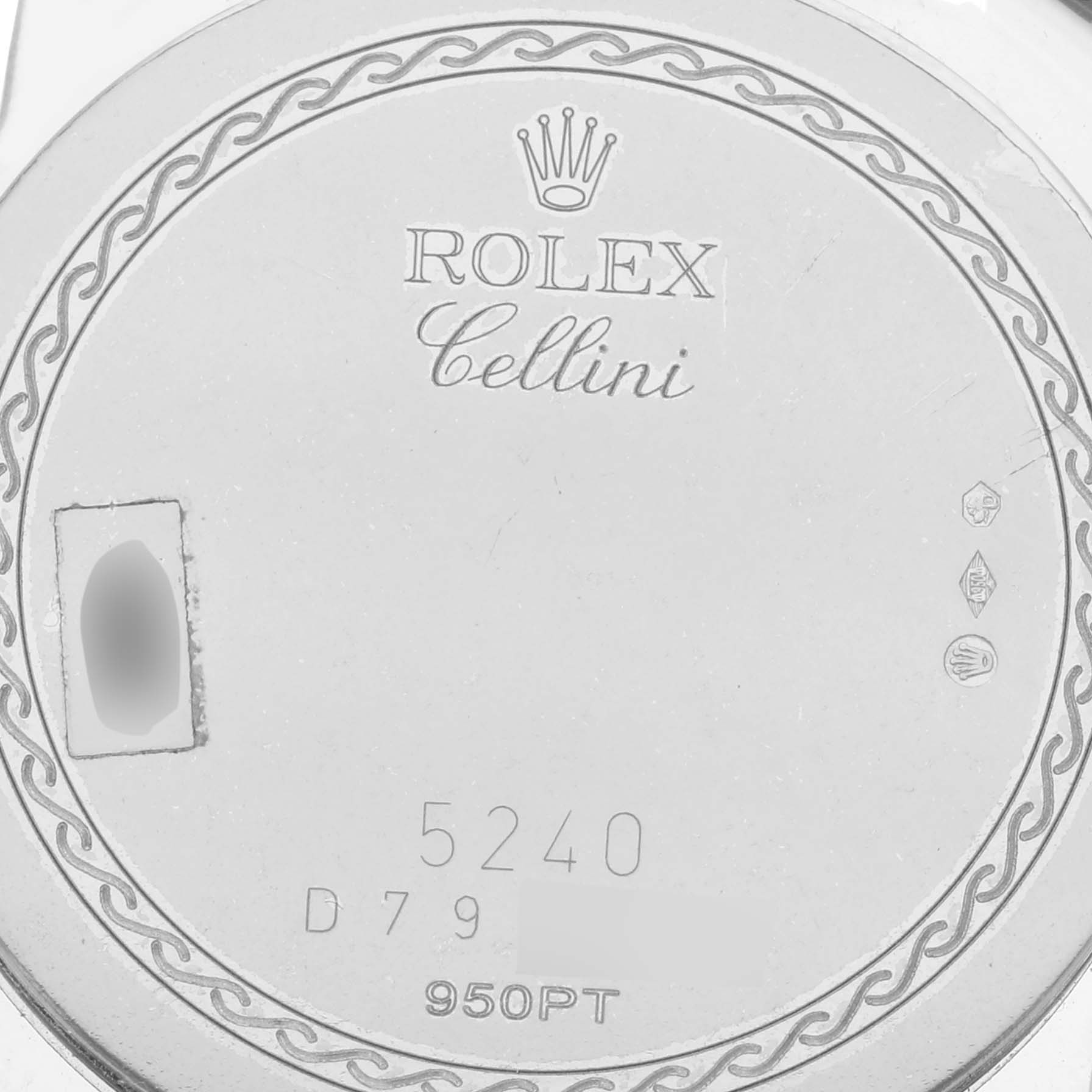 This image shows the back case of a Rolex Cellini 5240/6 Men
s Platinum Mother of Pearl Dial 5240/6 Men
s Platinum Mother of Pearl Dial model, displaying the brand name, model name, and various engravings.