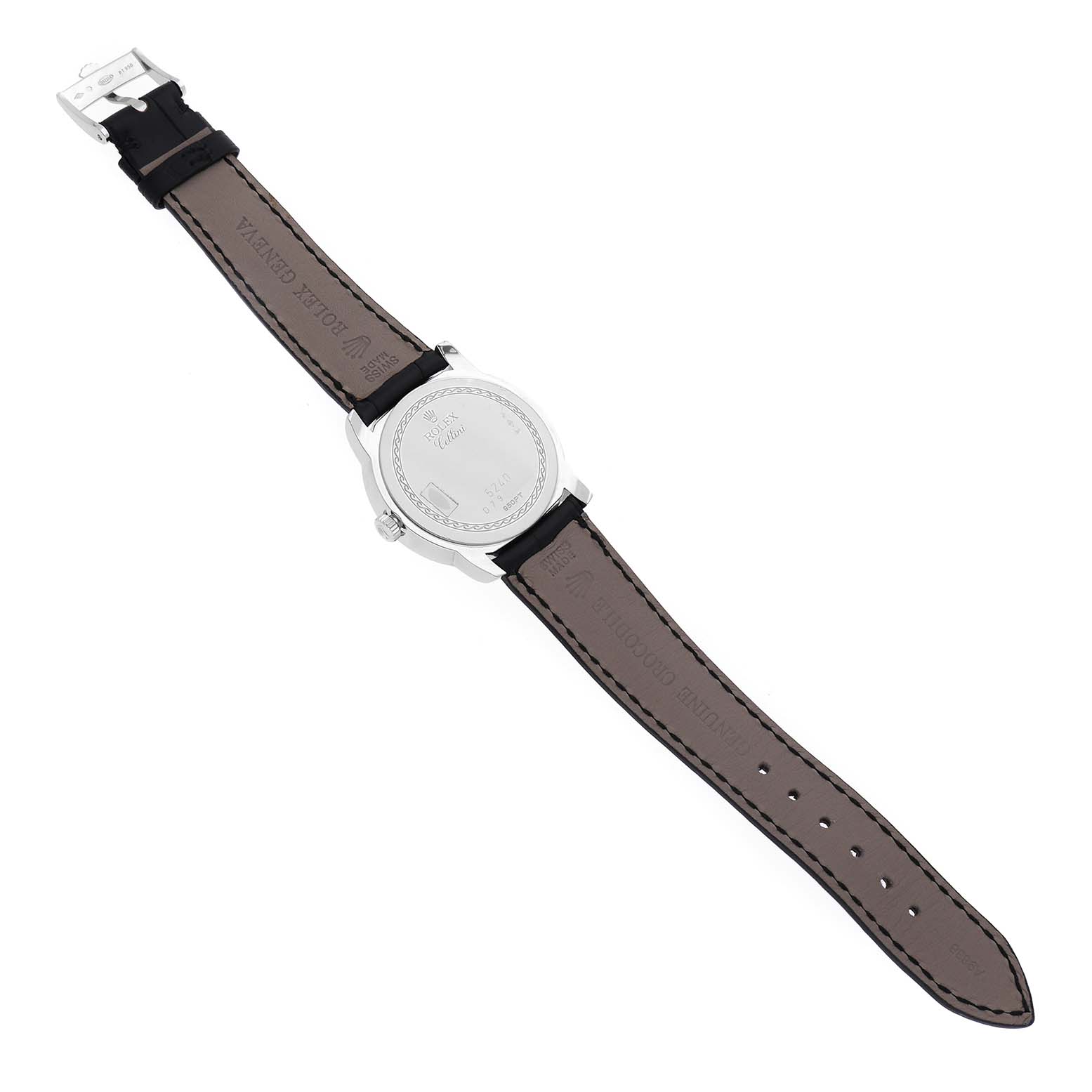 The image shows the back of a Rolex Cellini 5240/6 Men
s Platinum Mother of Pearl Dial 5240/6 Men
s Platinum Mother of Pearl Dial watch, displaying the case back and leather strap from a top-down angle.