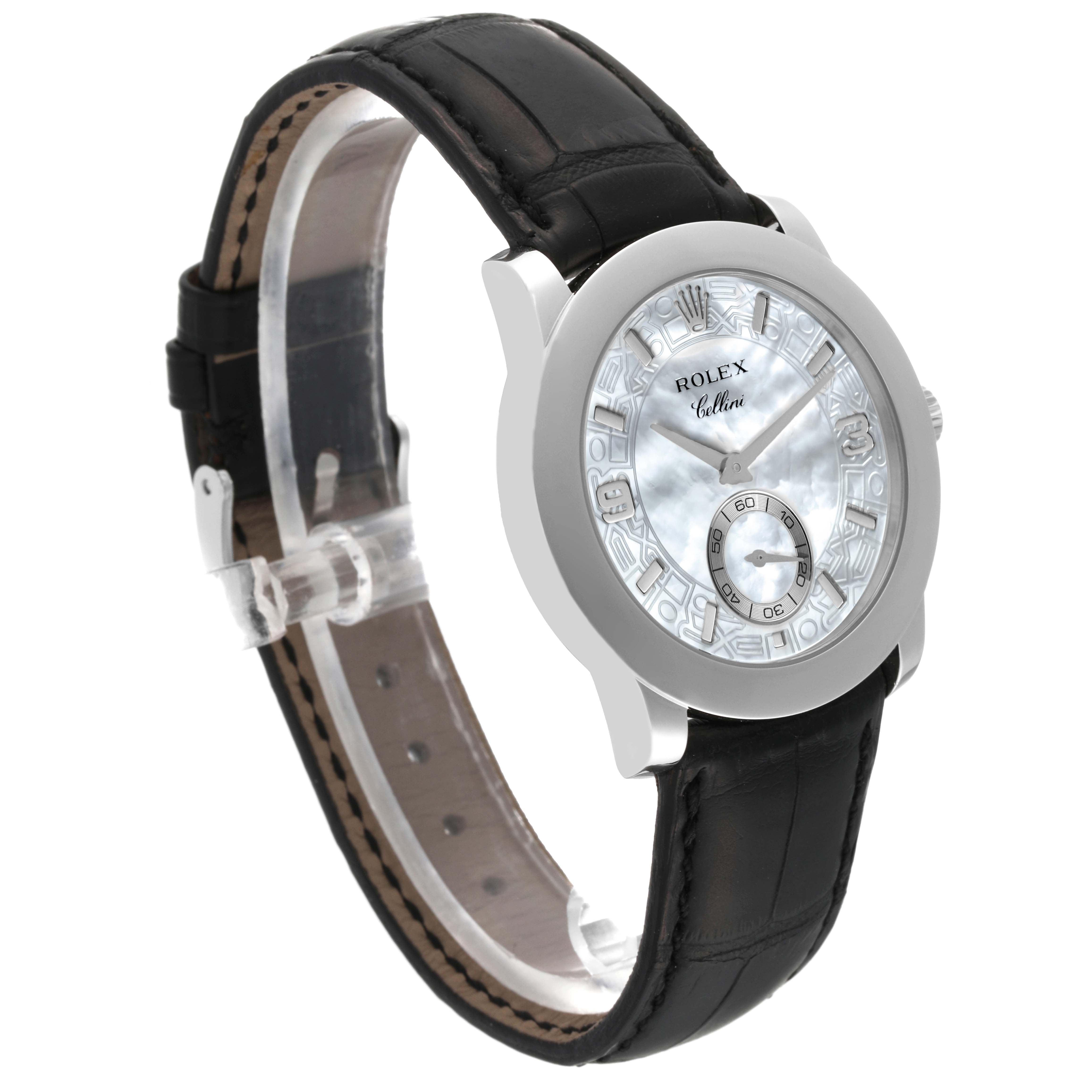 The Rolex Cellini 5240/6 Men
s Platinum Mother of Pearl Dial 5240/6 Men
s Platinum Mother of Pearl Dial watch is shown at a 3/4 angle, highlighting its face, black leather strap, and side profile.