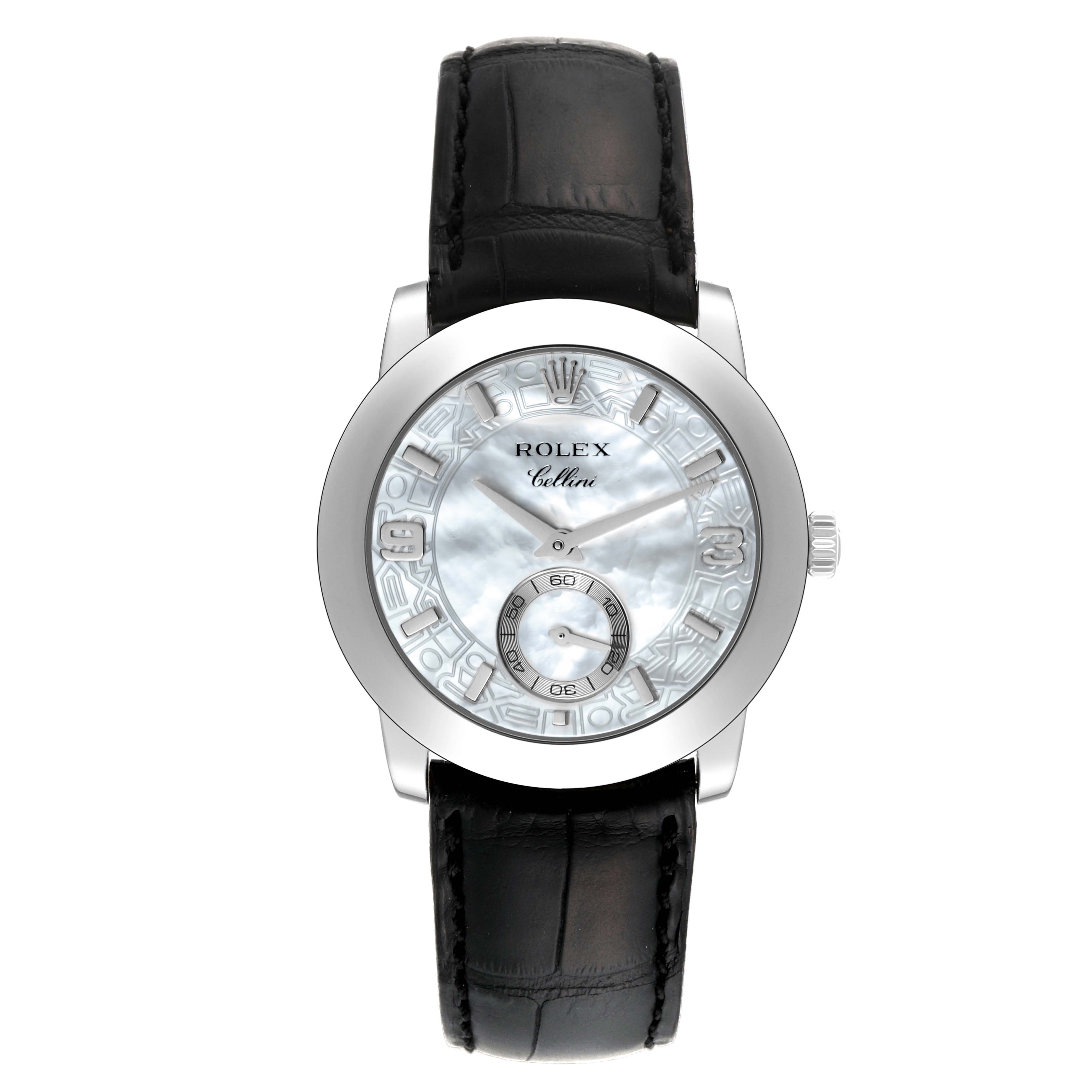 The image shows a front view of the Rolex Cellini 5240/6 Men
s Platinum Mother of Pearl Dial 5240/6 Men
s Platinum Mother of Pearl Dial watch, highlighting its dial, hands, and black leather strap.