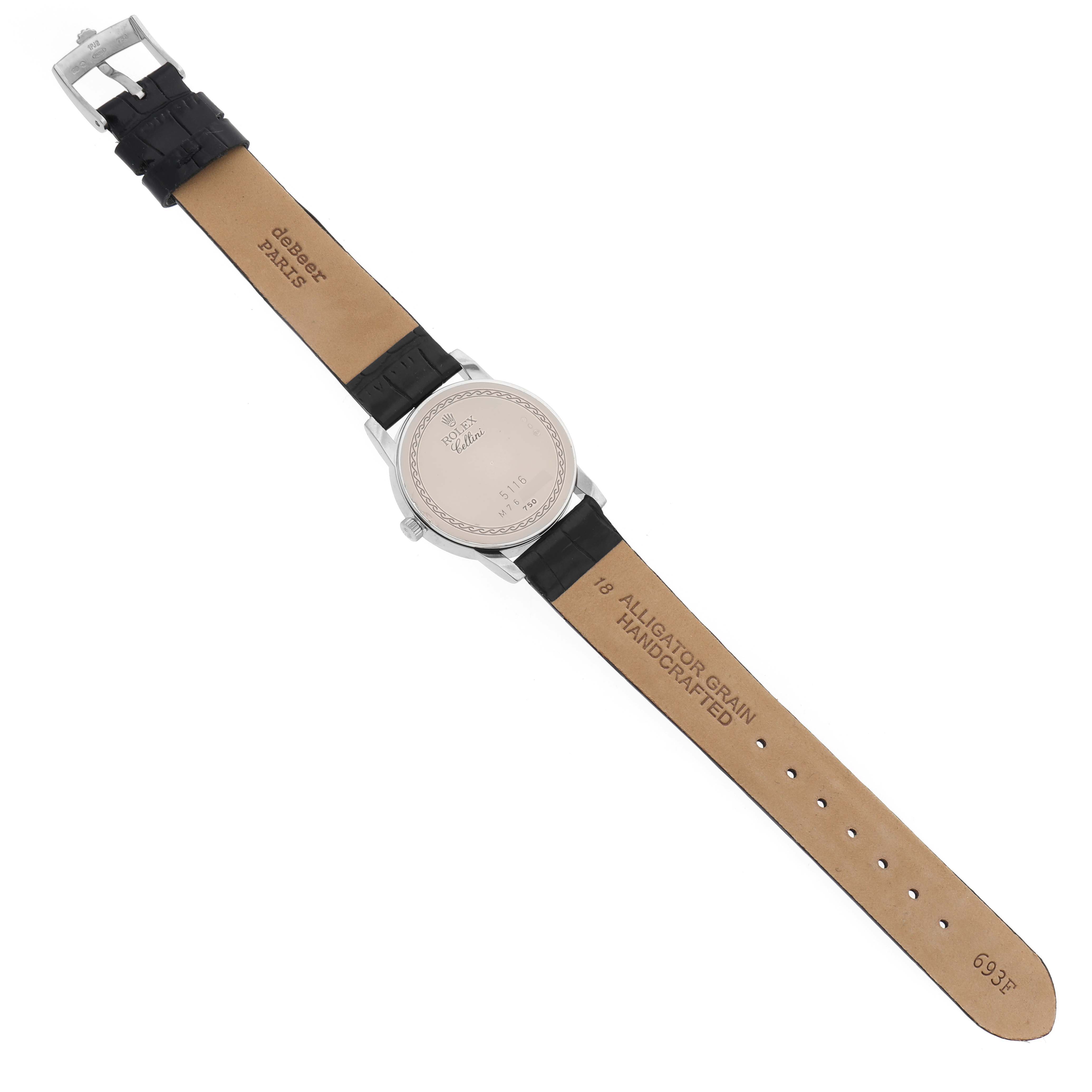 The image shows the back view of a Rolex Cellini 5116/9 Men
s White Gold Beige Dial 5116/9 Men
s White Gold Beige Dial watch, focusing on the case back, buckle, and leather strap.