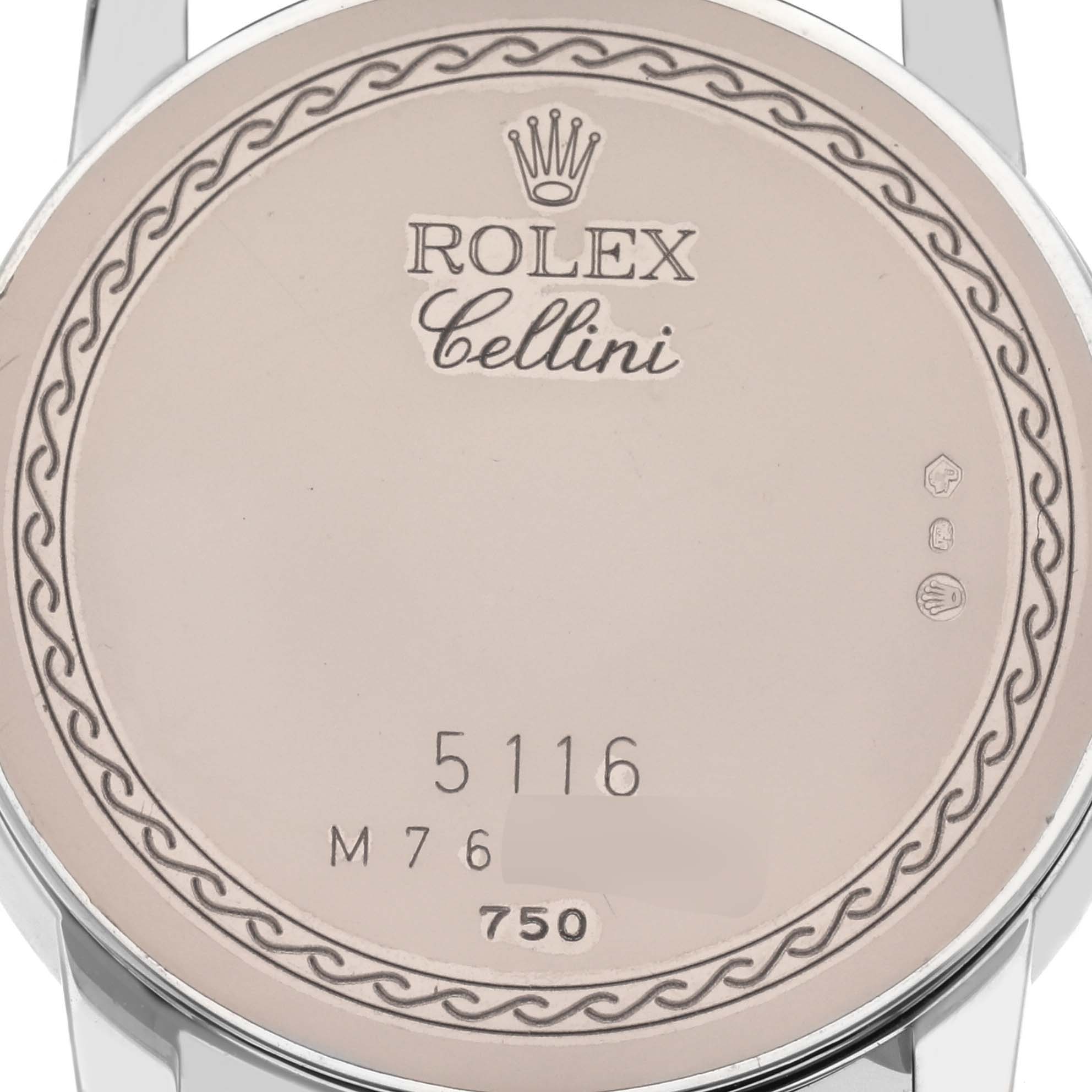 This image shows the engravings and markings on the back case of a Rolex Cellini 5116/9 Men
s White Gold Beige Dial 5116/9 Men
s White Gold Beige Dial watch, model number 5116.