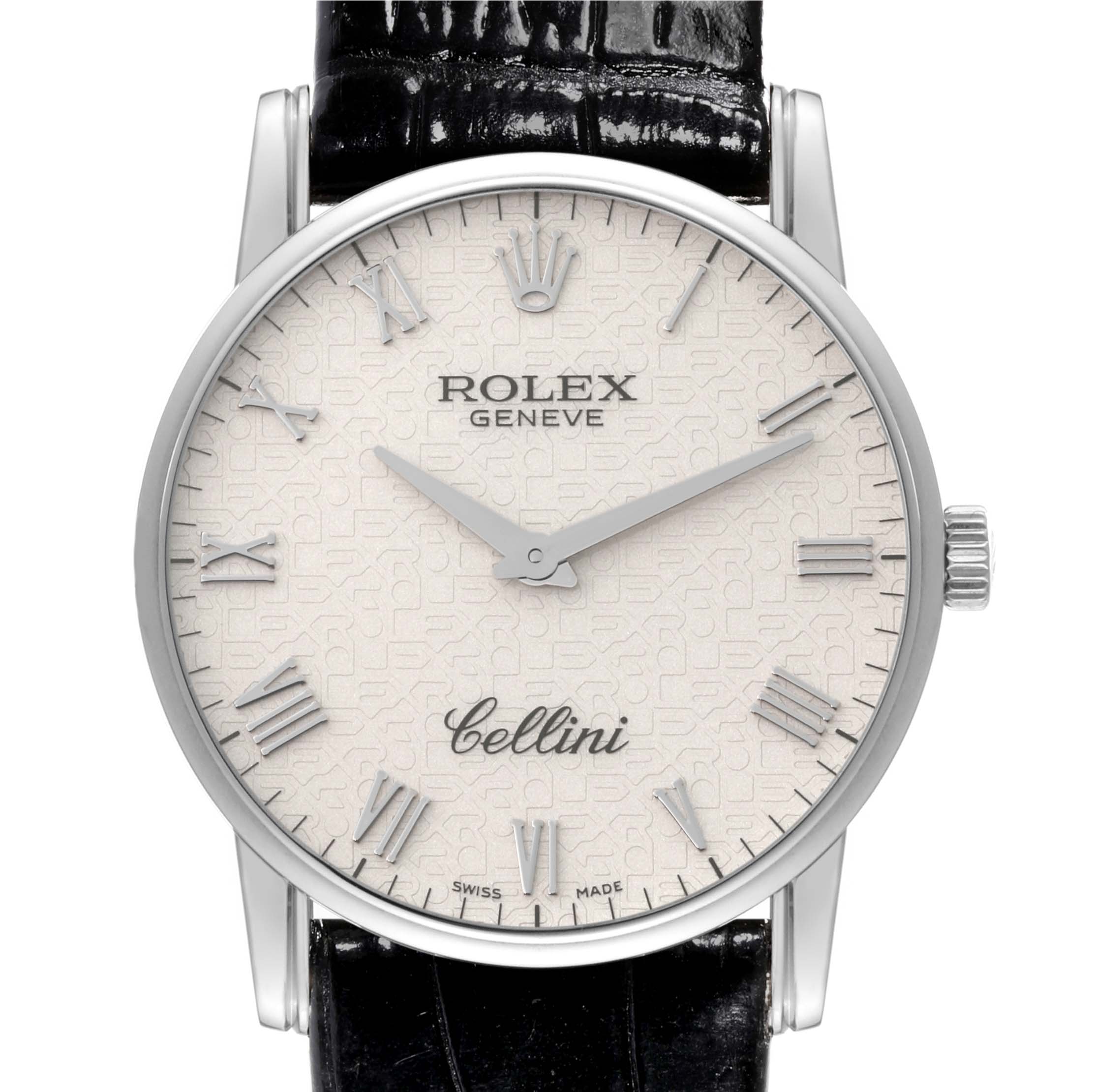 This is a front view of a Rolex Cellini 5116/9 Men
s White Gold Beige Dial 5116/9 Men
s White Gold Beige Dial watch showing its dial, Roman numeral markers, hands, case, and part of the leather strap.