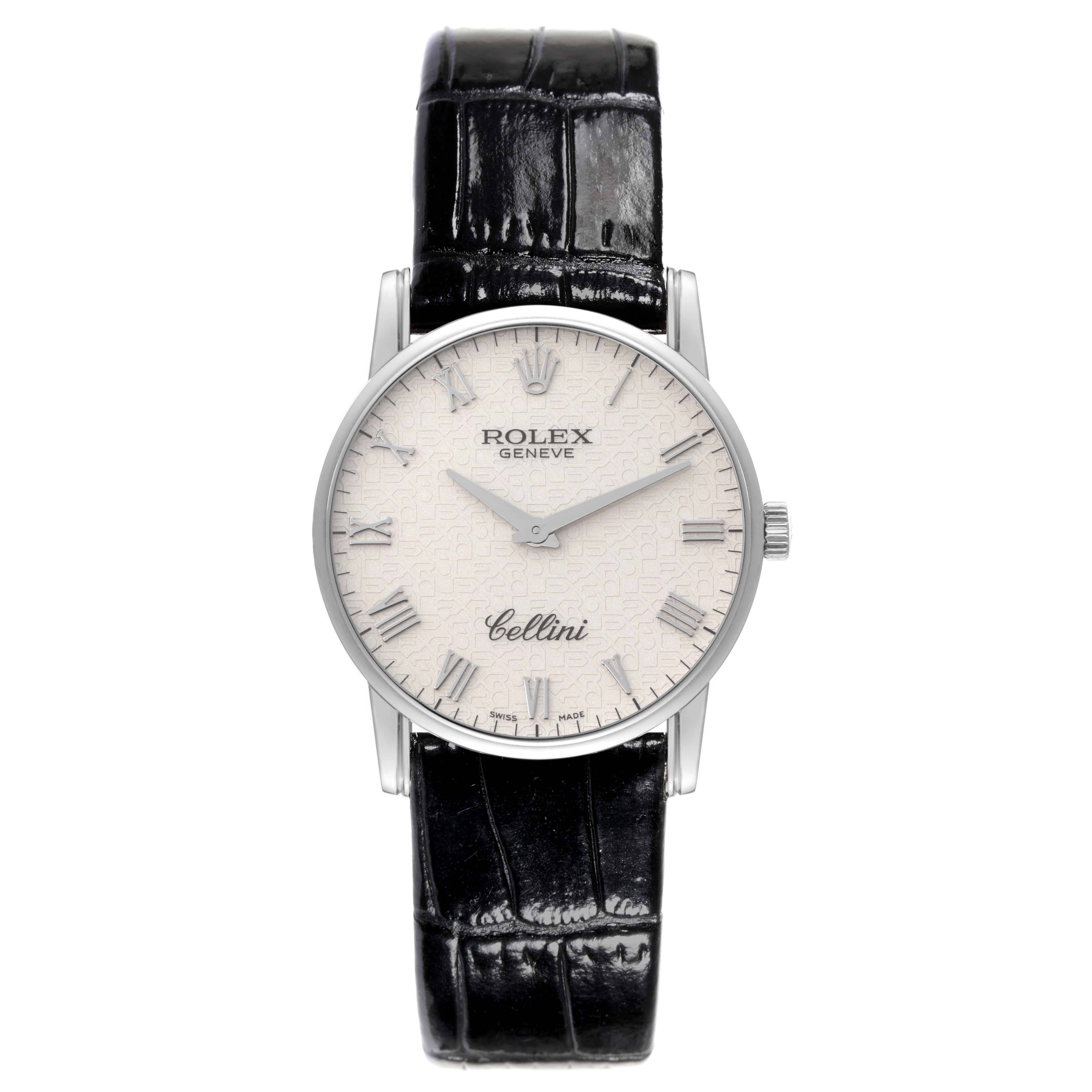 The image shows a front view of a Rolex Cellini 5116/9 Men
s White Gold Beige Dial 5116/9 Men
s White Gold Beige Dial watch featuring a white dial, silver hands, Roman numerals, and a black leather strap.