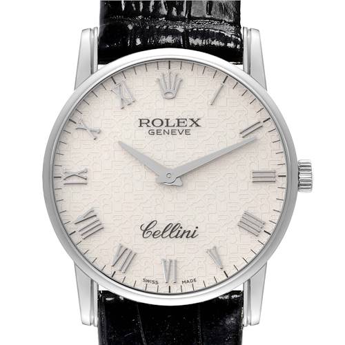 This is a straight-on view of a Rolex Cellini watch, showing the face, bezel, lugs, and part of the strap.