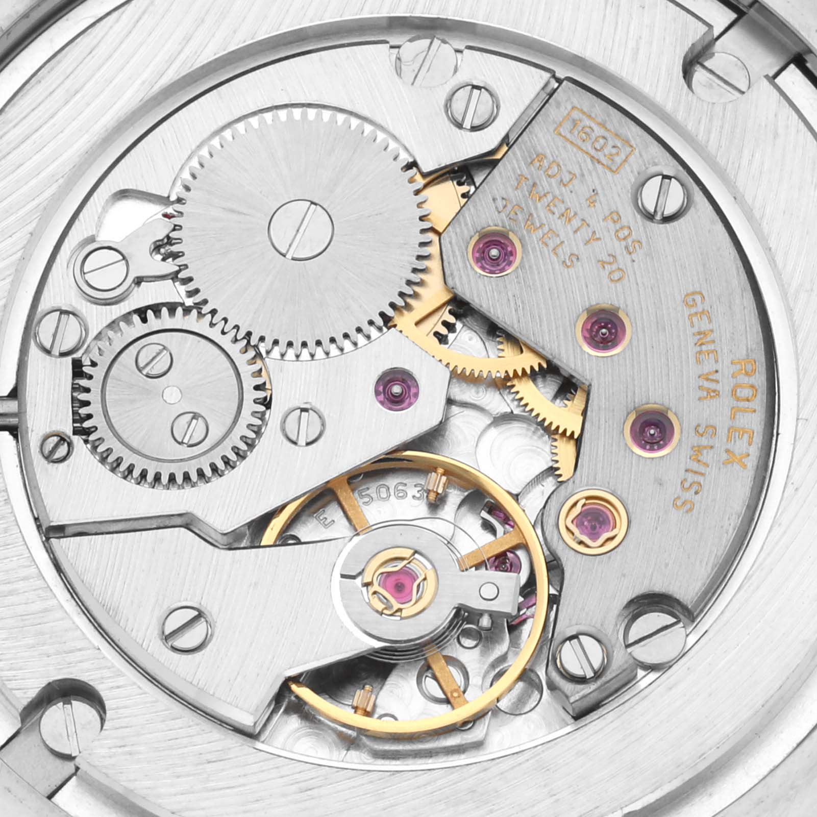 This image shows a close-up view of the movement mechanism of a Rolex Cellini 5116/9 Men
s White Gold Beige Dial 5116/9 Men
s White Gold Beige Dial watch.