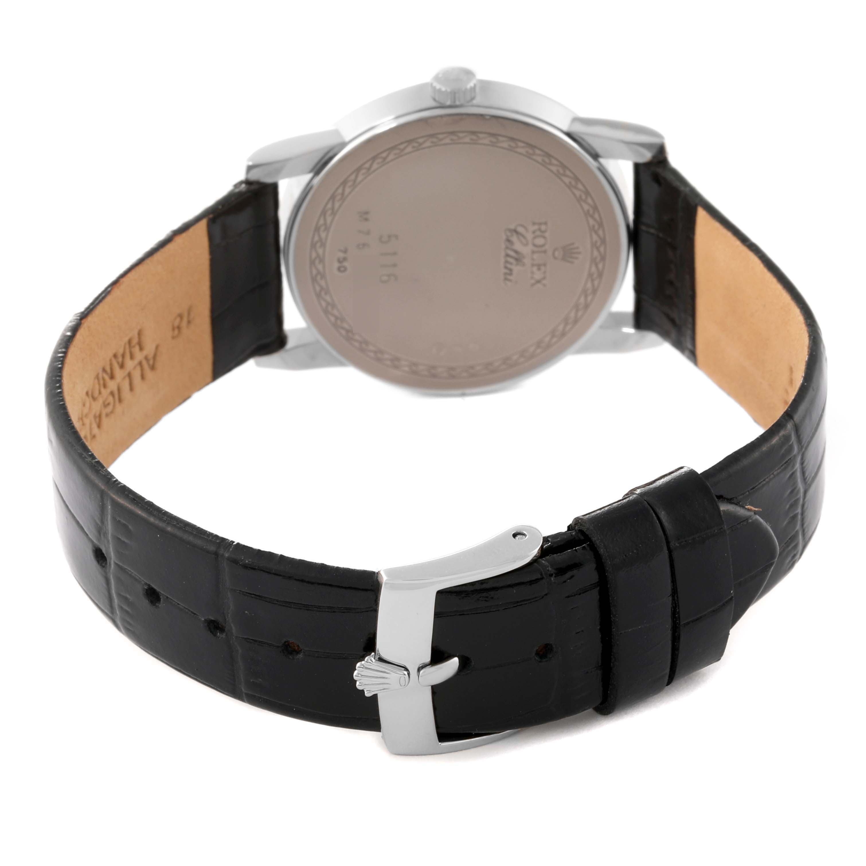 The image shows the back case and leather strap with the buckle of a Rolex Cellini 5116/9 Men
s White Gold Beige Dial 5116/9 Men
s White Gold Beige Dial watch.